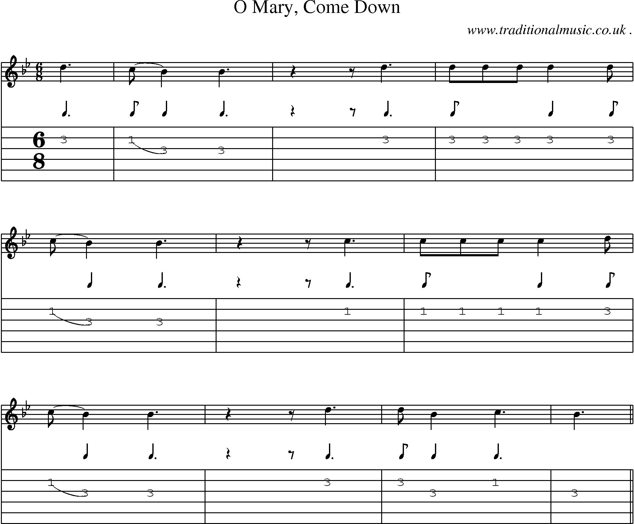 Sheet-Music and Guitar Tabs for O Mary Come Down