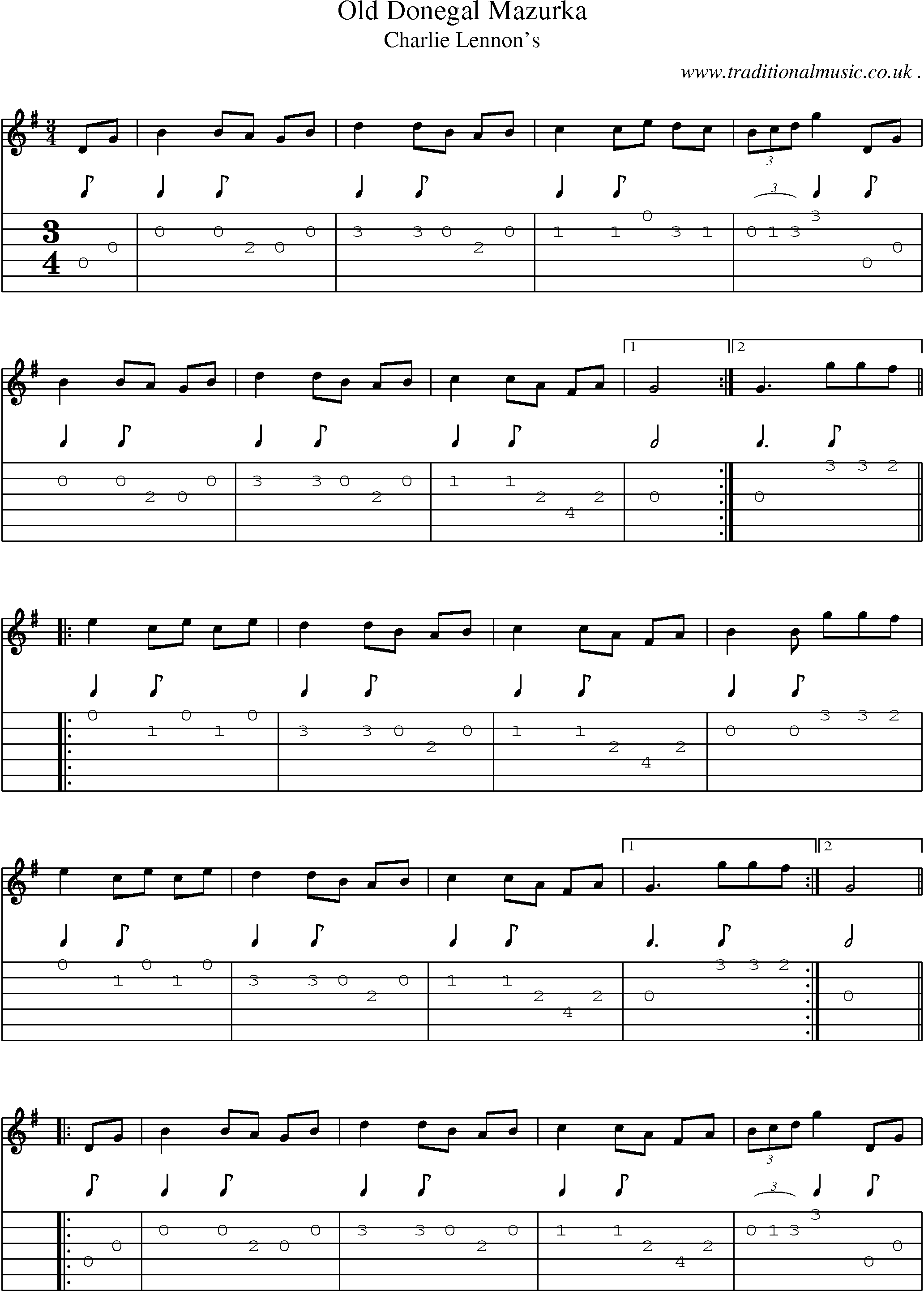 Sheet-Music and Guitar Tabs for Old Donegal Mazurka