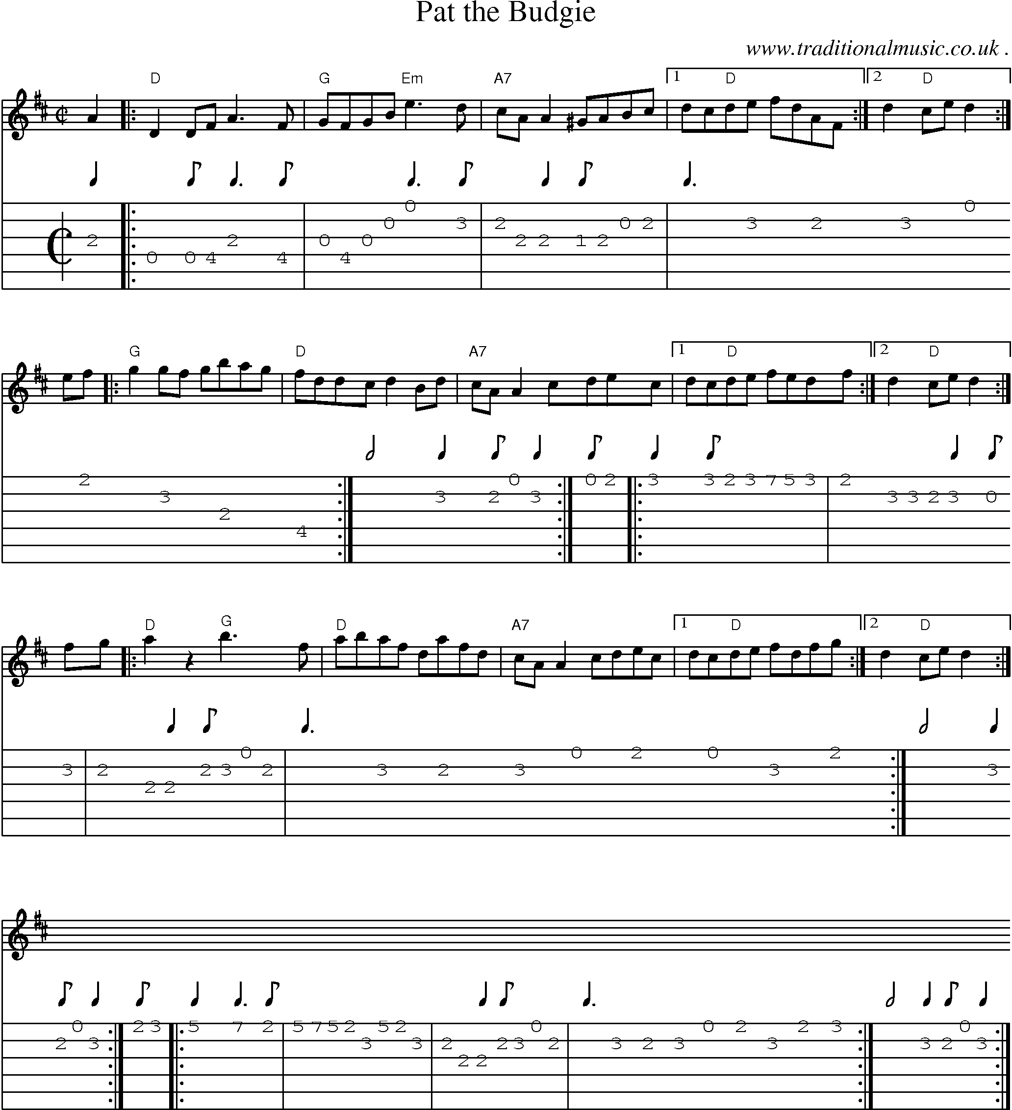 Sheet-Music and Guitar Tabs for Pat The Budgie