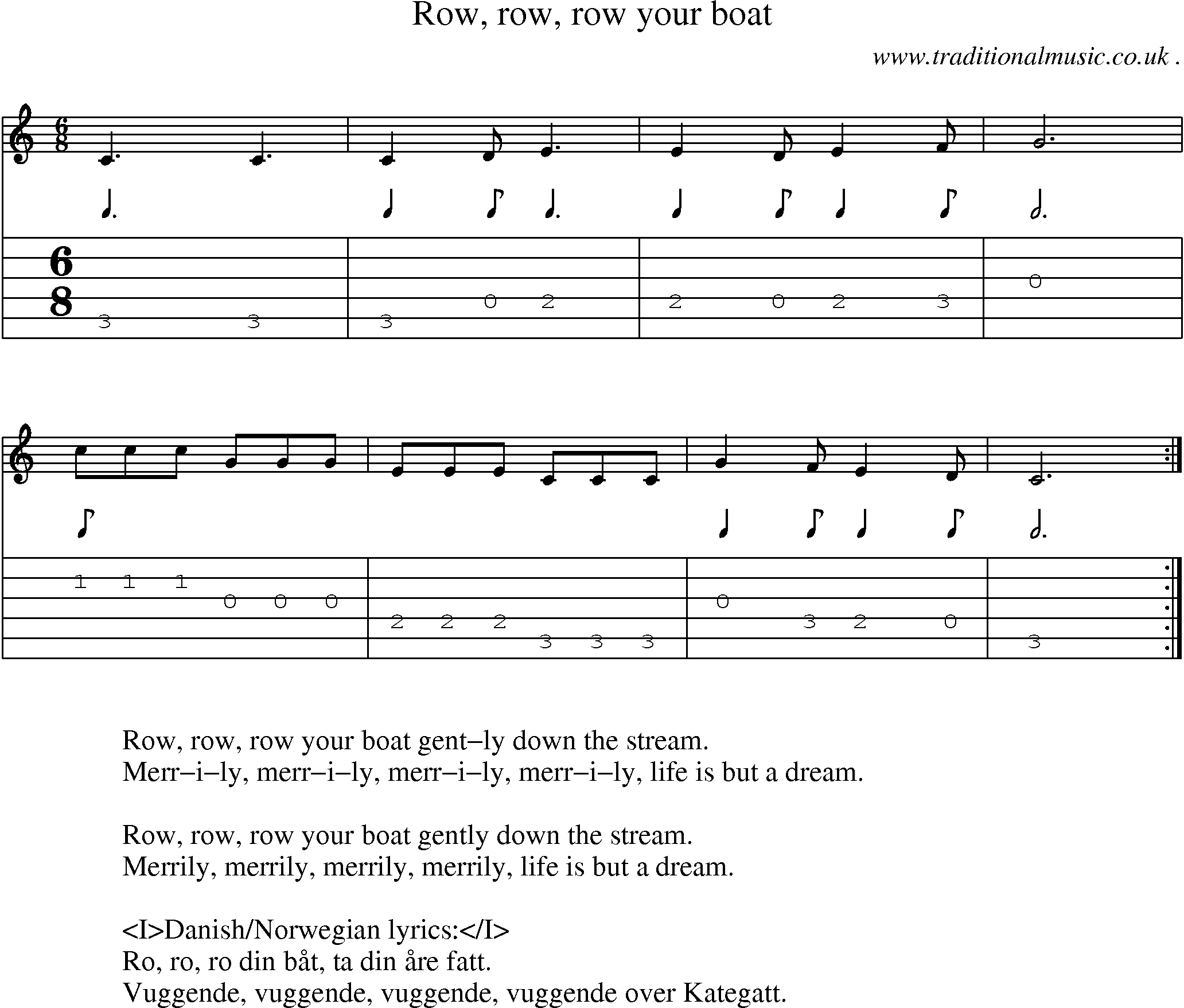 Sheet-Music and Guitar Tabs for Row Row Row Your Boat