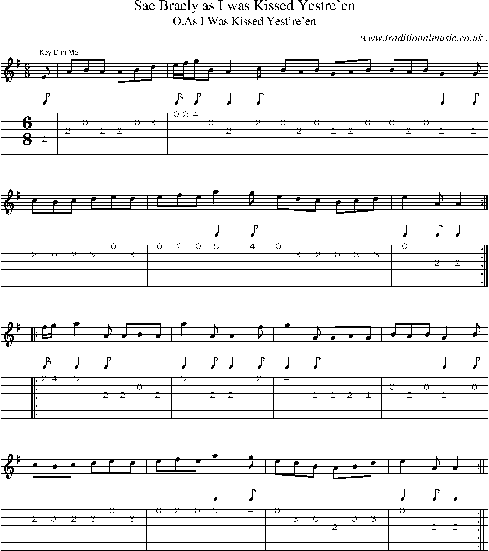 Sheet-Music and Guitar Tabs for Sae Braely As I Was Kissed Yestreen