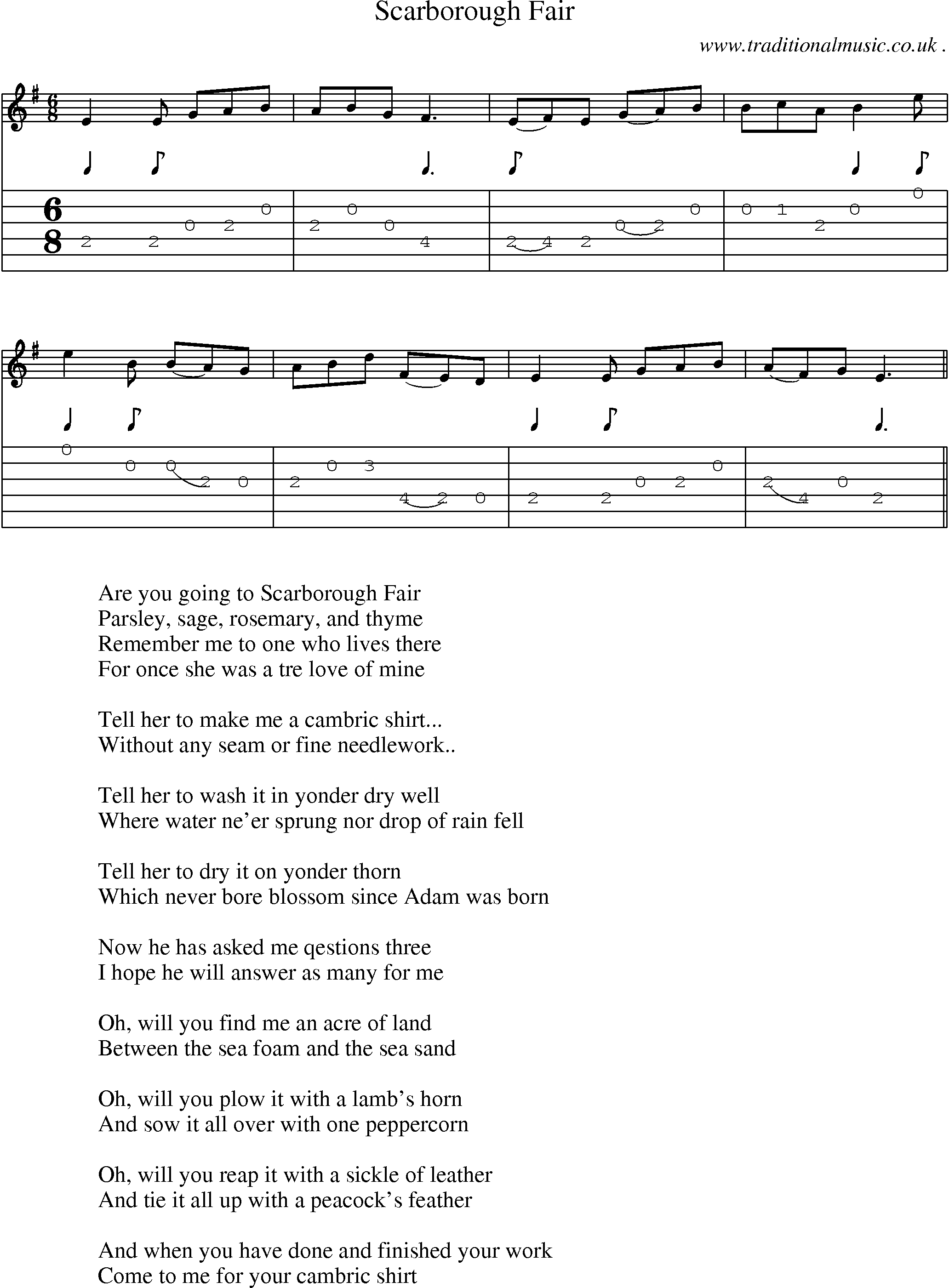 Sheet-Music and Guitar Tabs for Scarborough Fair