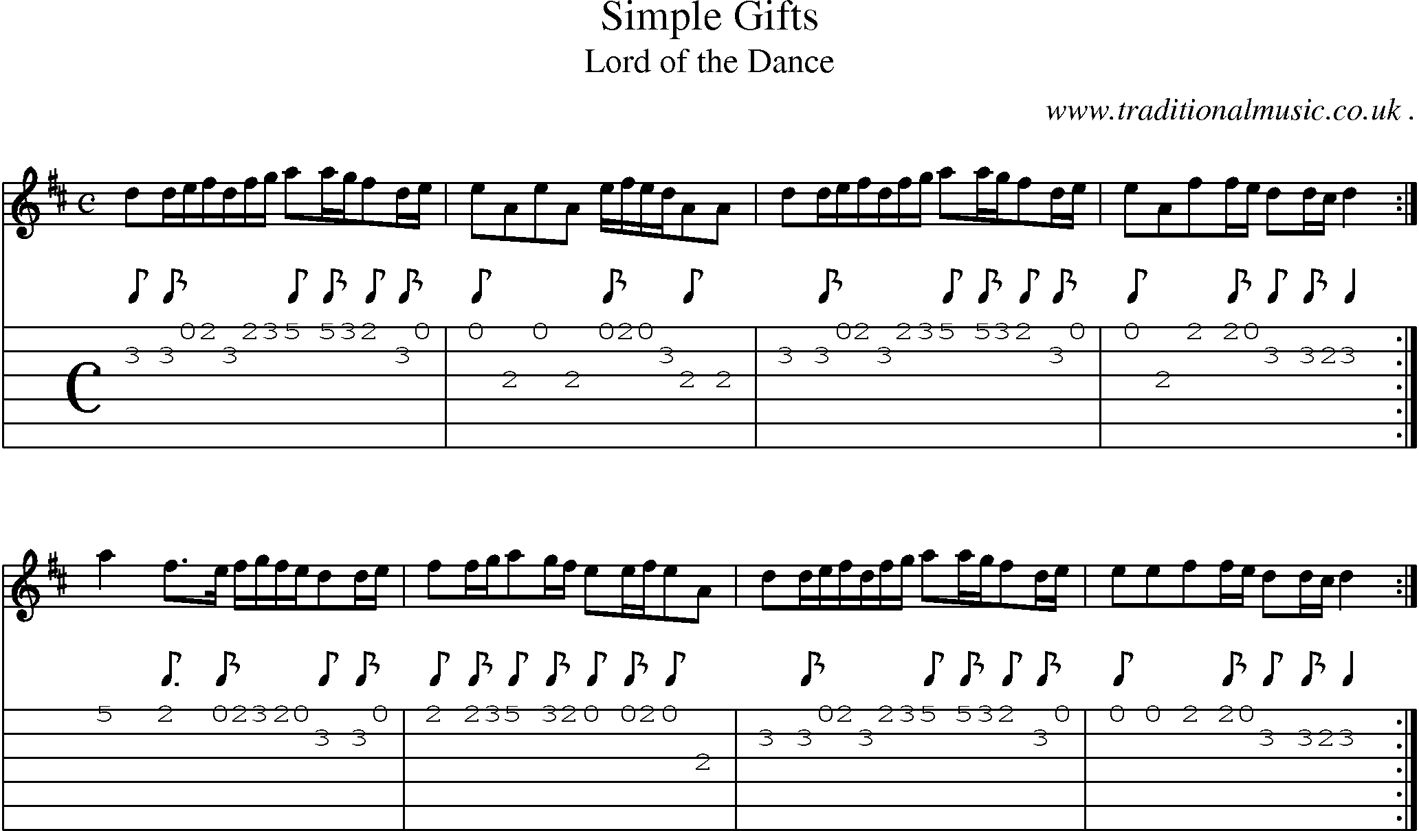 Sheet-Music and Guitar Tabs for Simple Gifts