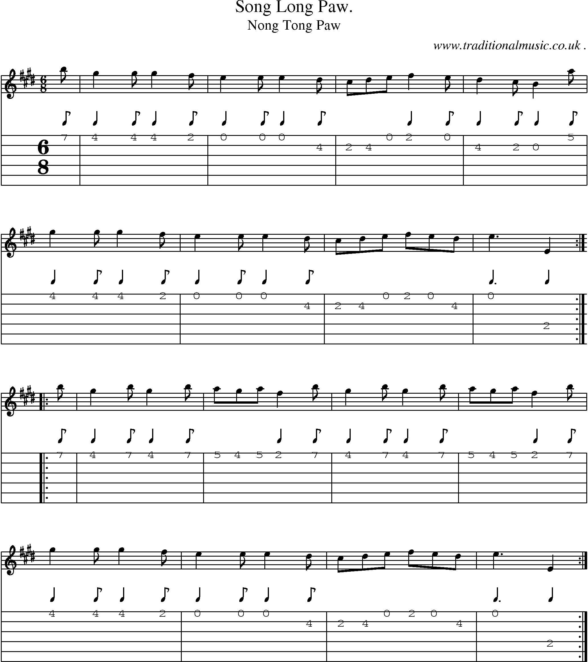 Sheet-Music and Guitar Tabs for Song Long Paw
