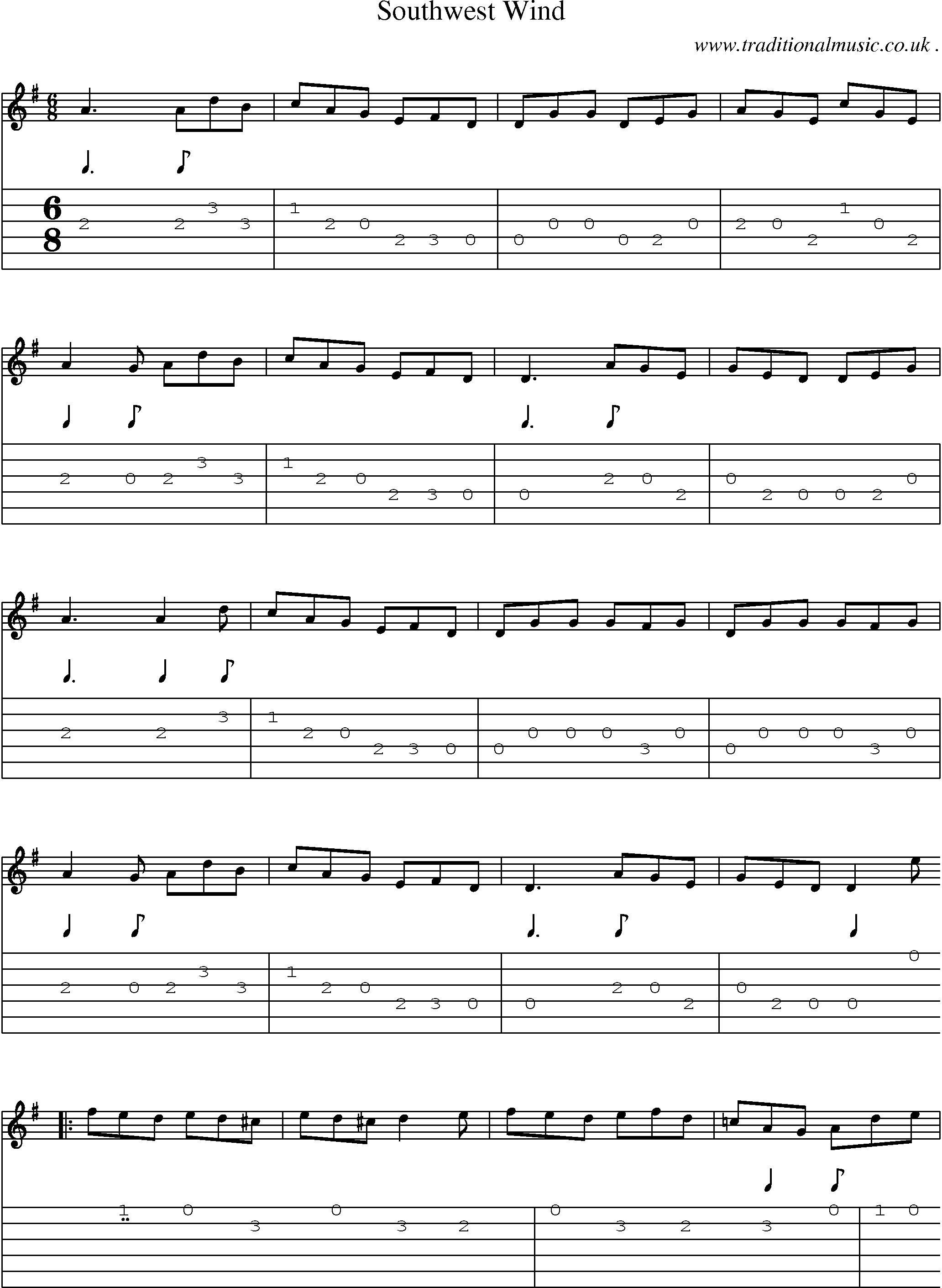 Sheet-Music and Guitar Tabs for Southwest Wind