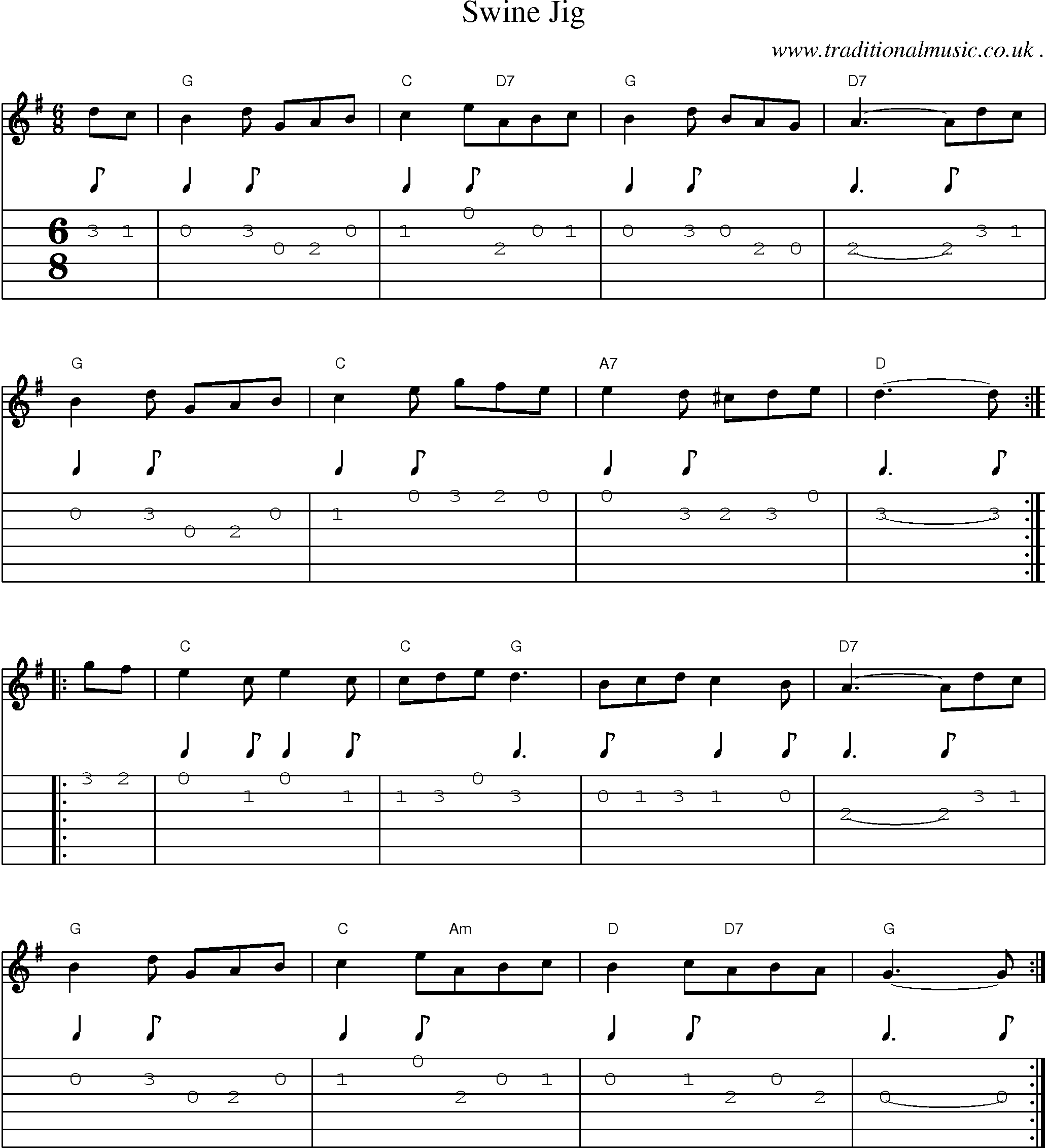 Sheet-Music and Guitar Tabs for Swine Jig