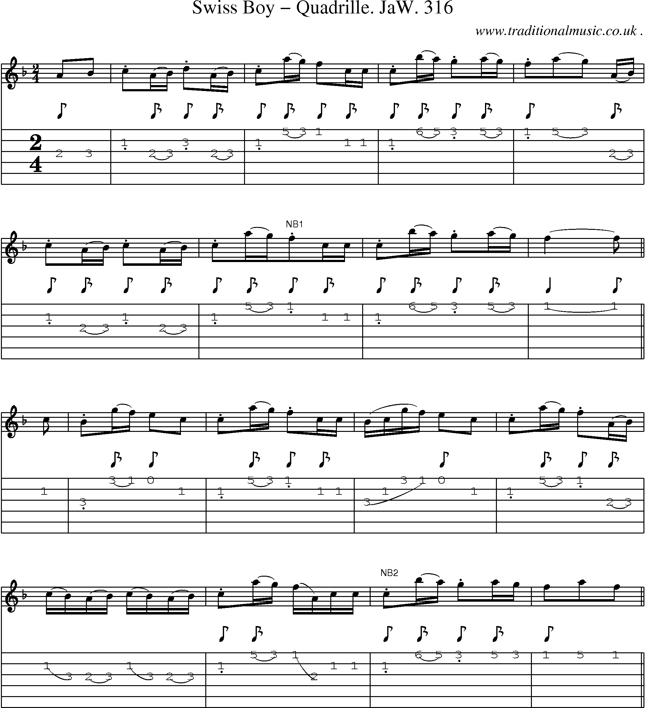 Sheet-Music and Guitar Tabs for Swiss Boy Quadrille Jaw 316