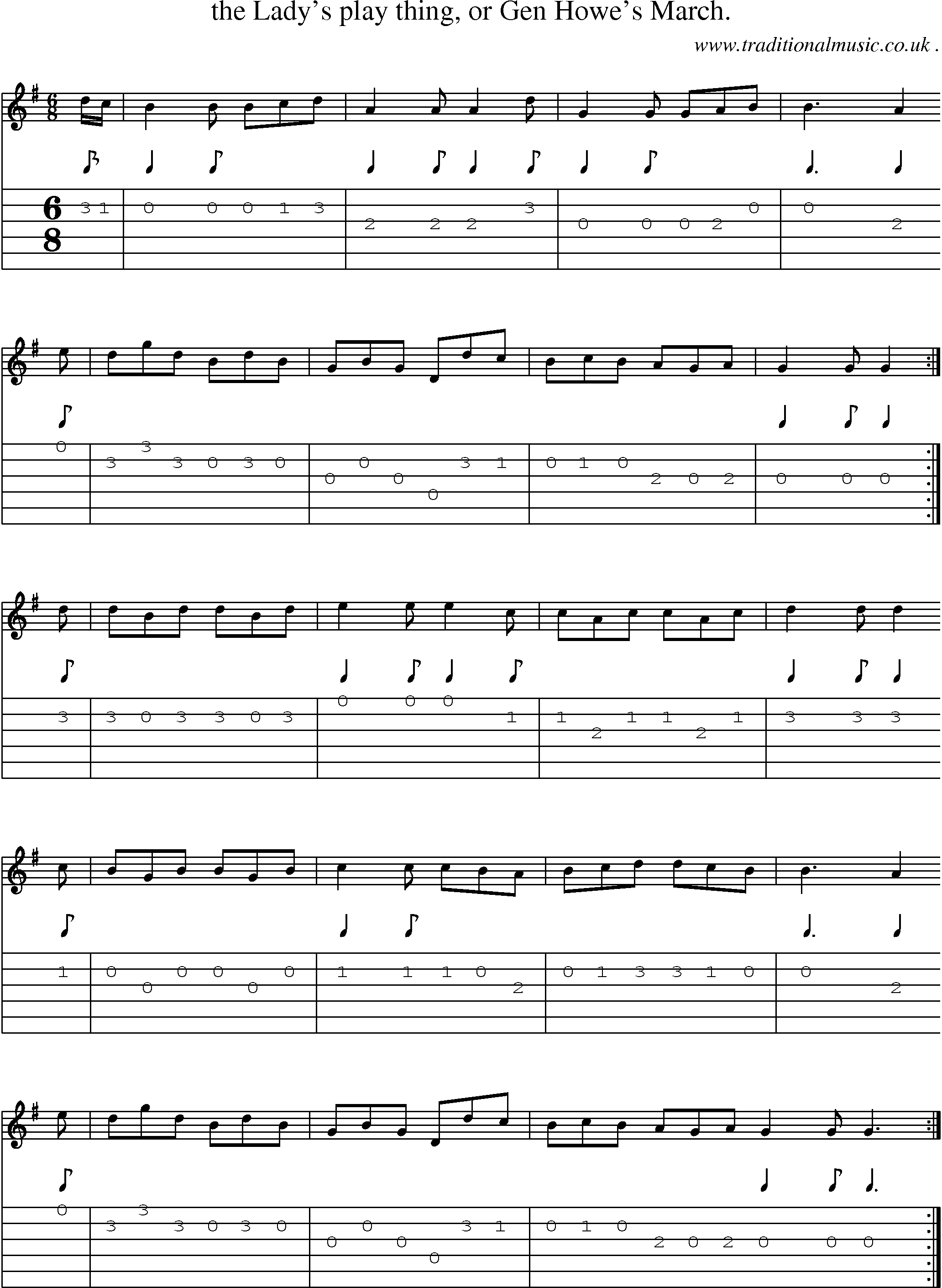 Sheet-Music and Guitar Tabs for The Ladys Play Thing Or Gen Howes March