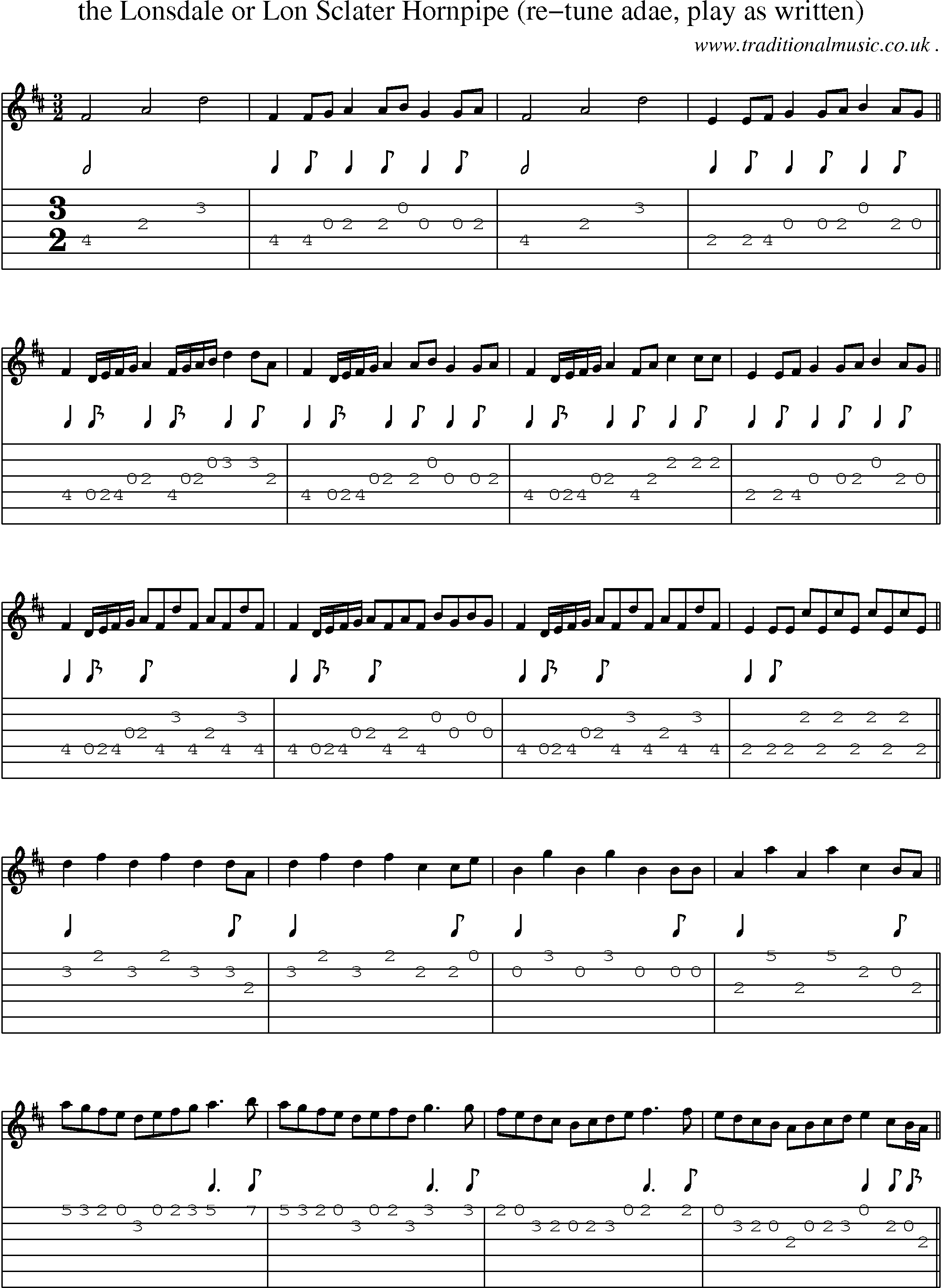 Sheet-Music and Guitar Tabs for The Lonsdale Or Lon Sclater Hornpipe (re-tune Adae Play As Written)