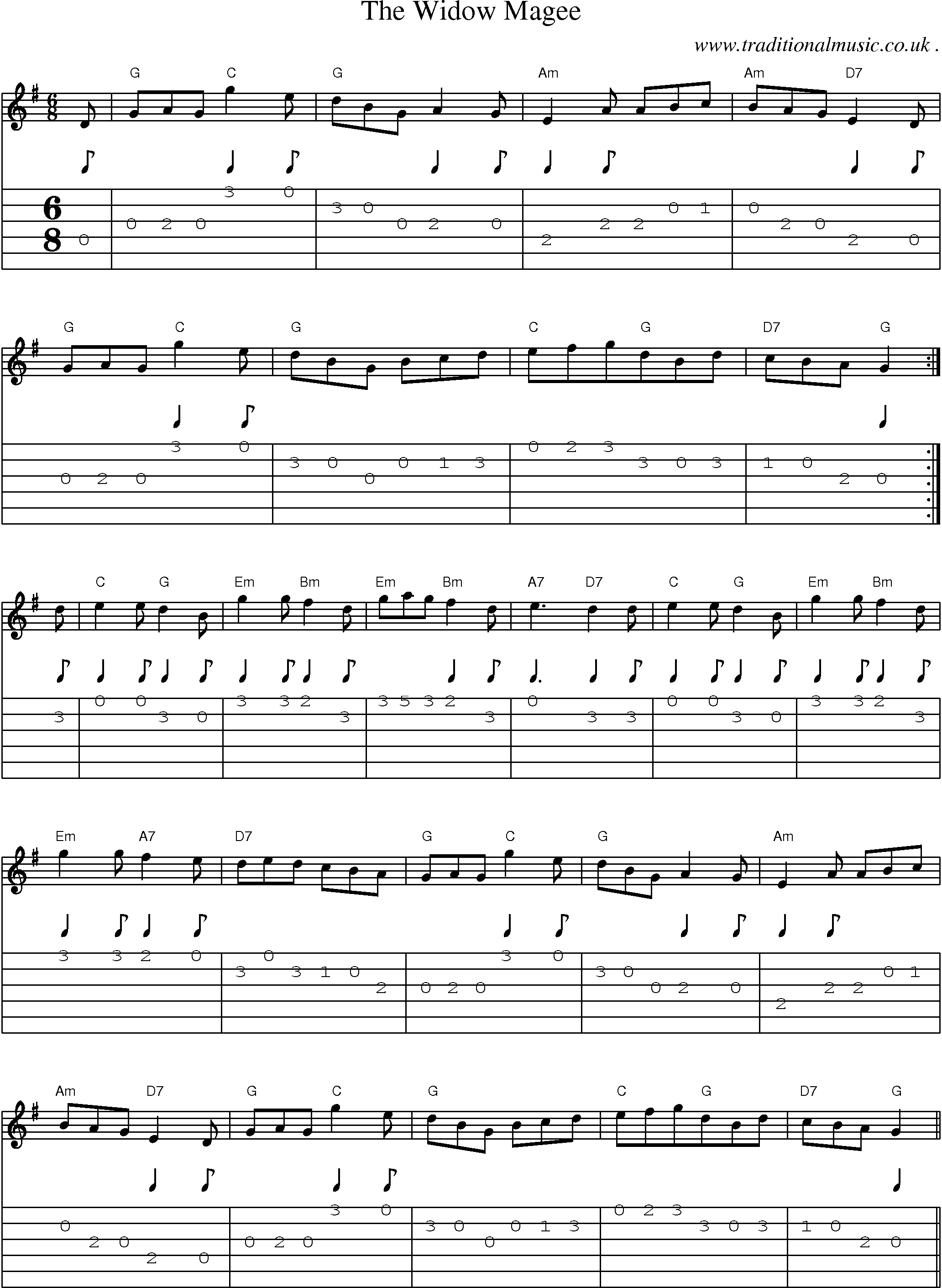 Sheet-Music and Guitar Tabs for The Widow Magee
