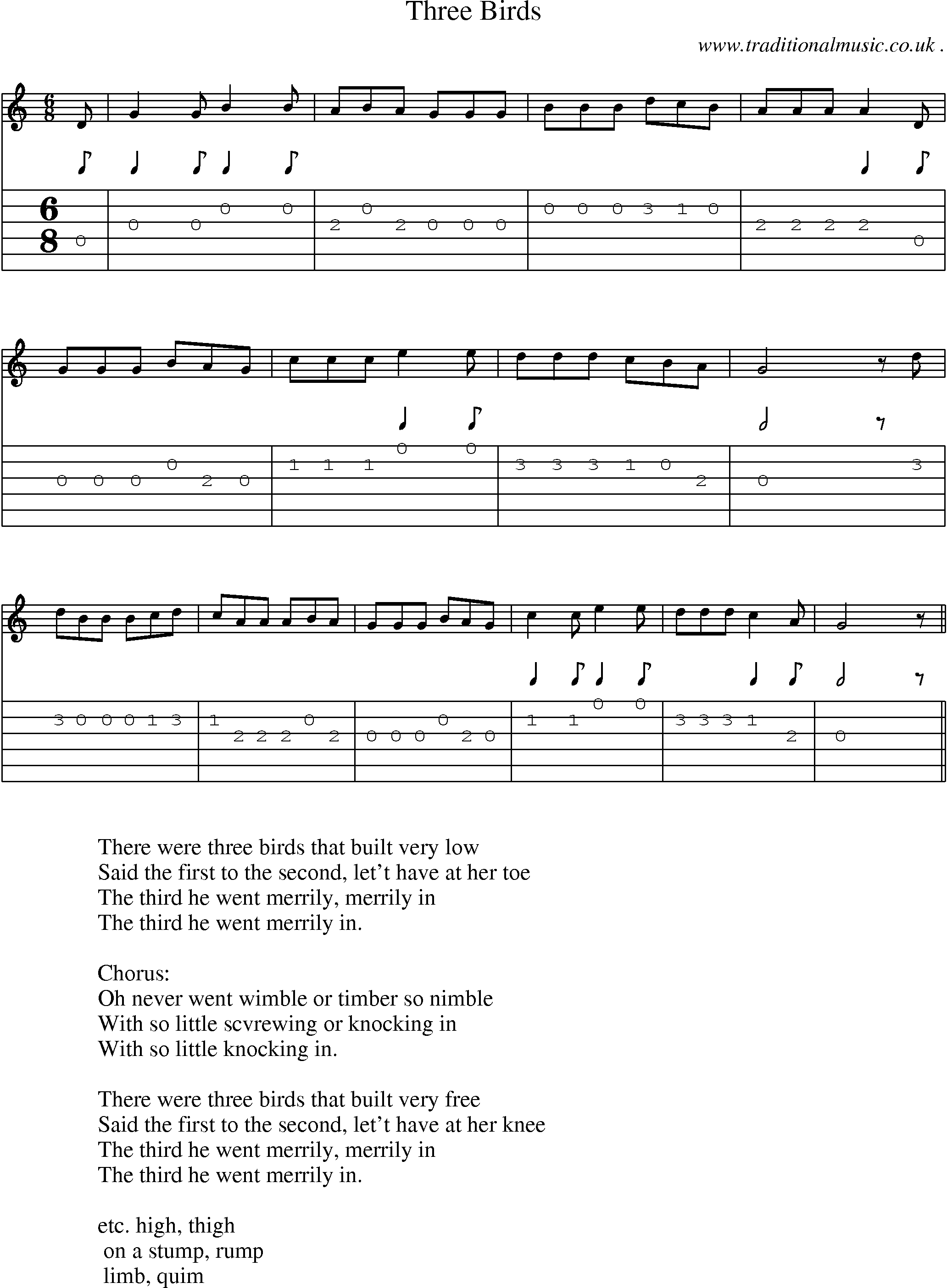 Sheet-Music and Guitar Tabs for Three Birds