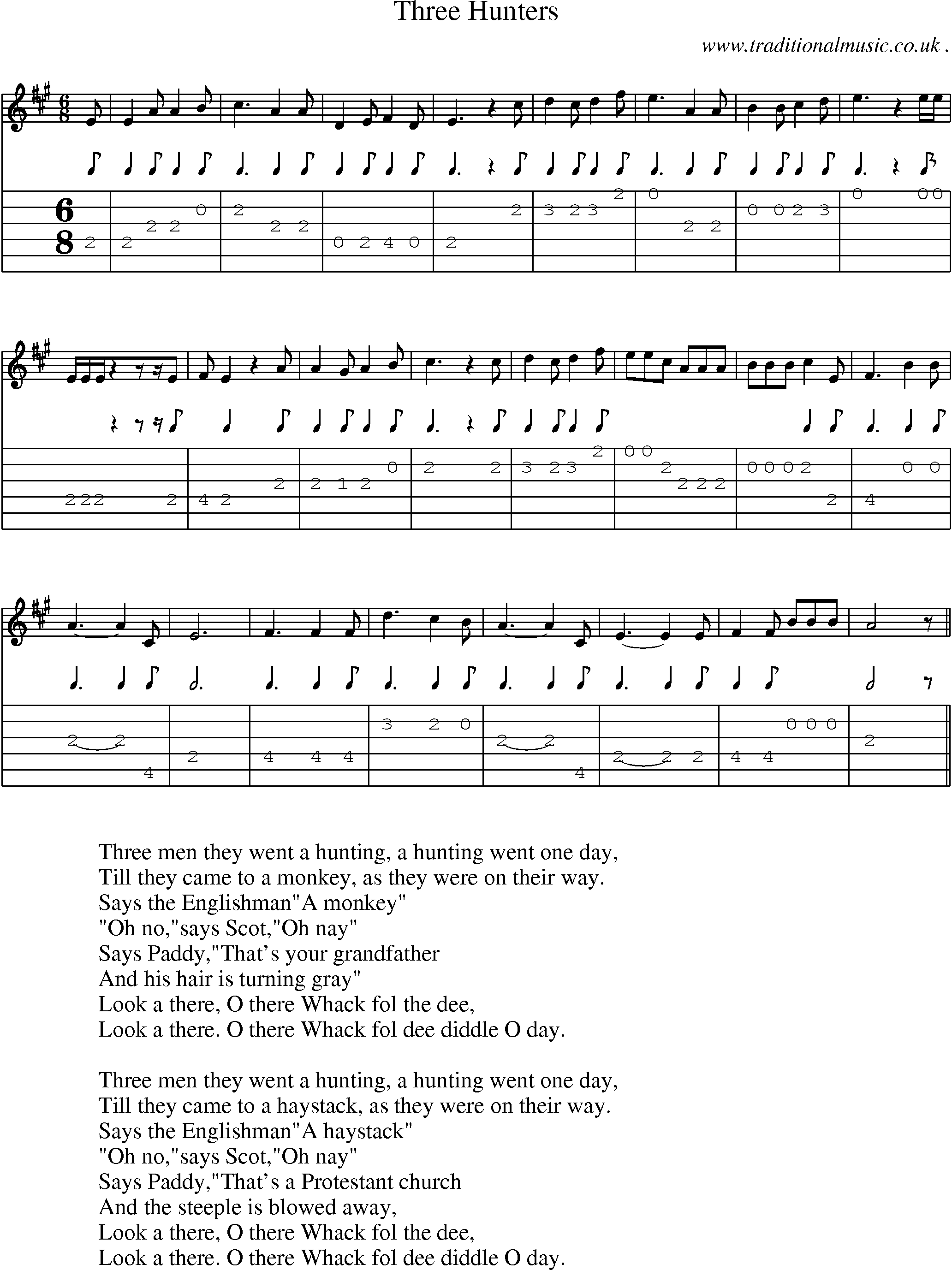Sheet-Music and Guitar Tabs for Three Hunters