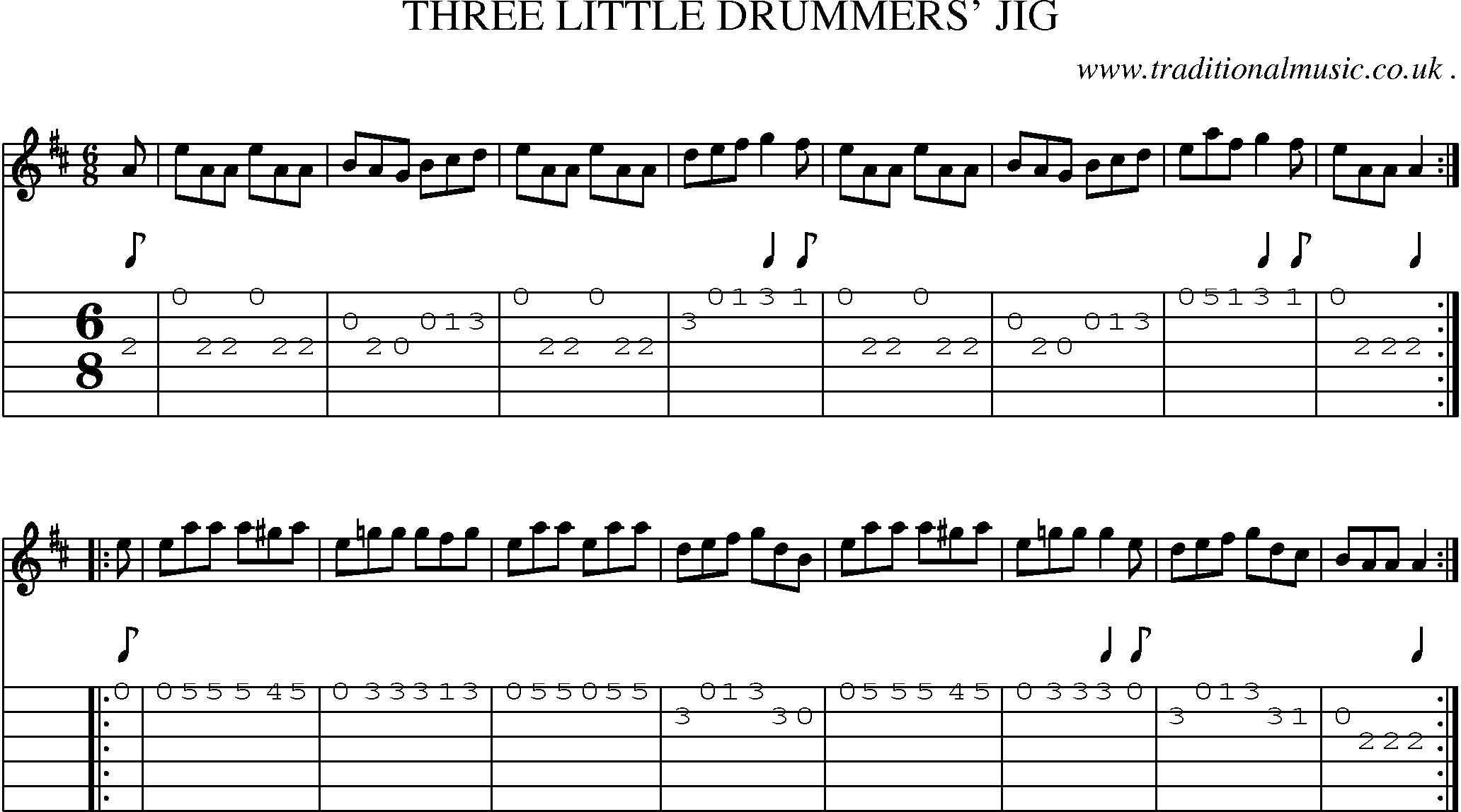 Sheet-Music and Guitar Tabs for Three Little Drummers Jig