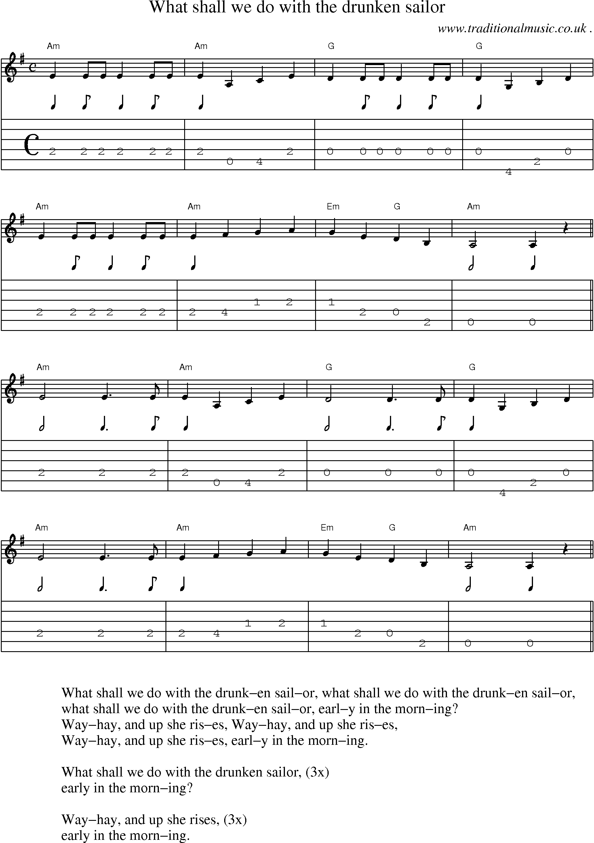 Sheet-Music and Guitar Tabs for What Shall We Do With The Drunken Sailor