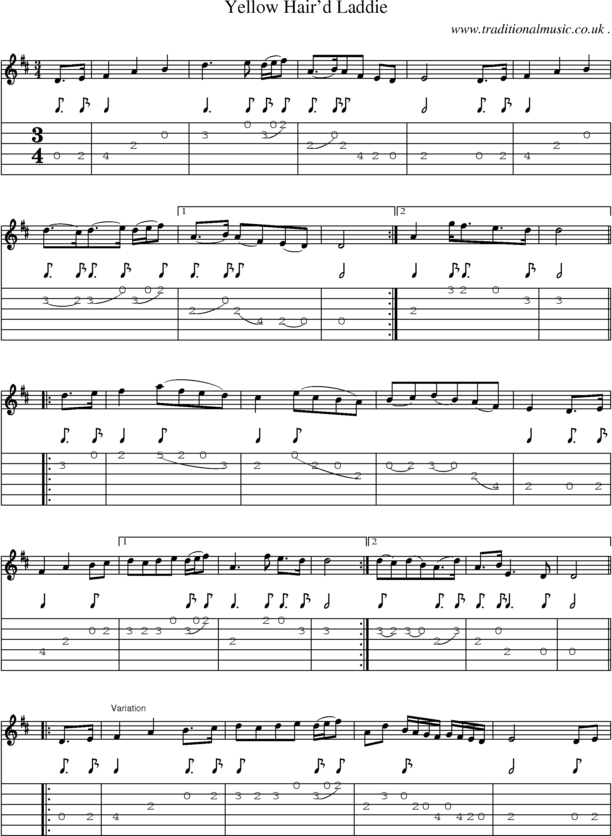 Sheet-Music and Guitar Tabs for Yellow Haird Laddie