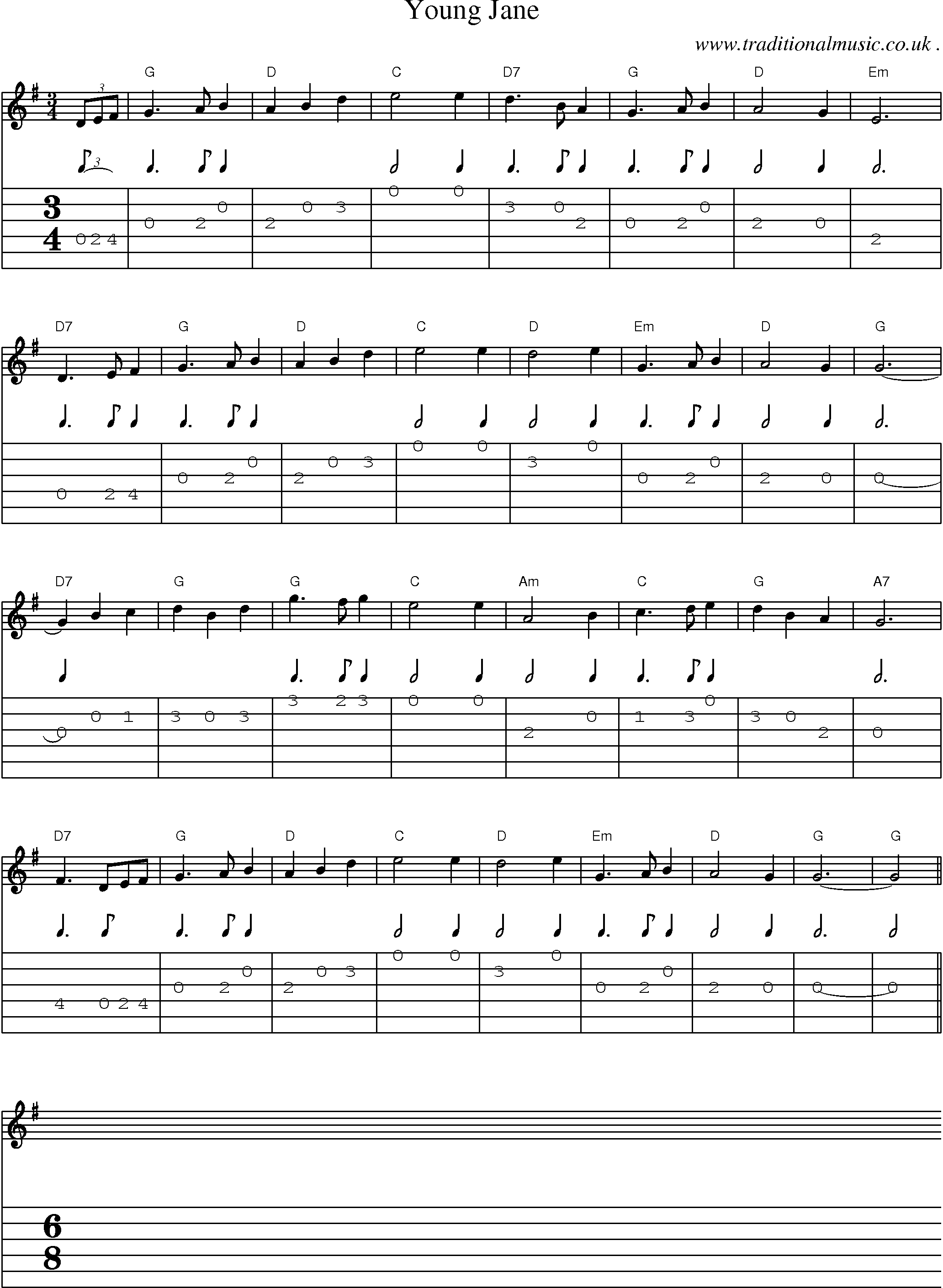 Sheet-Music and Guitar Tabs for Young Jane