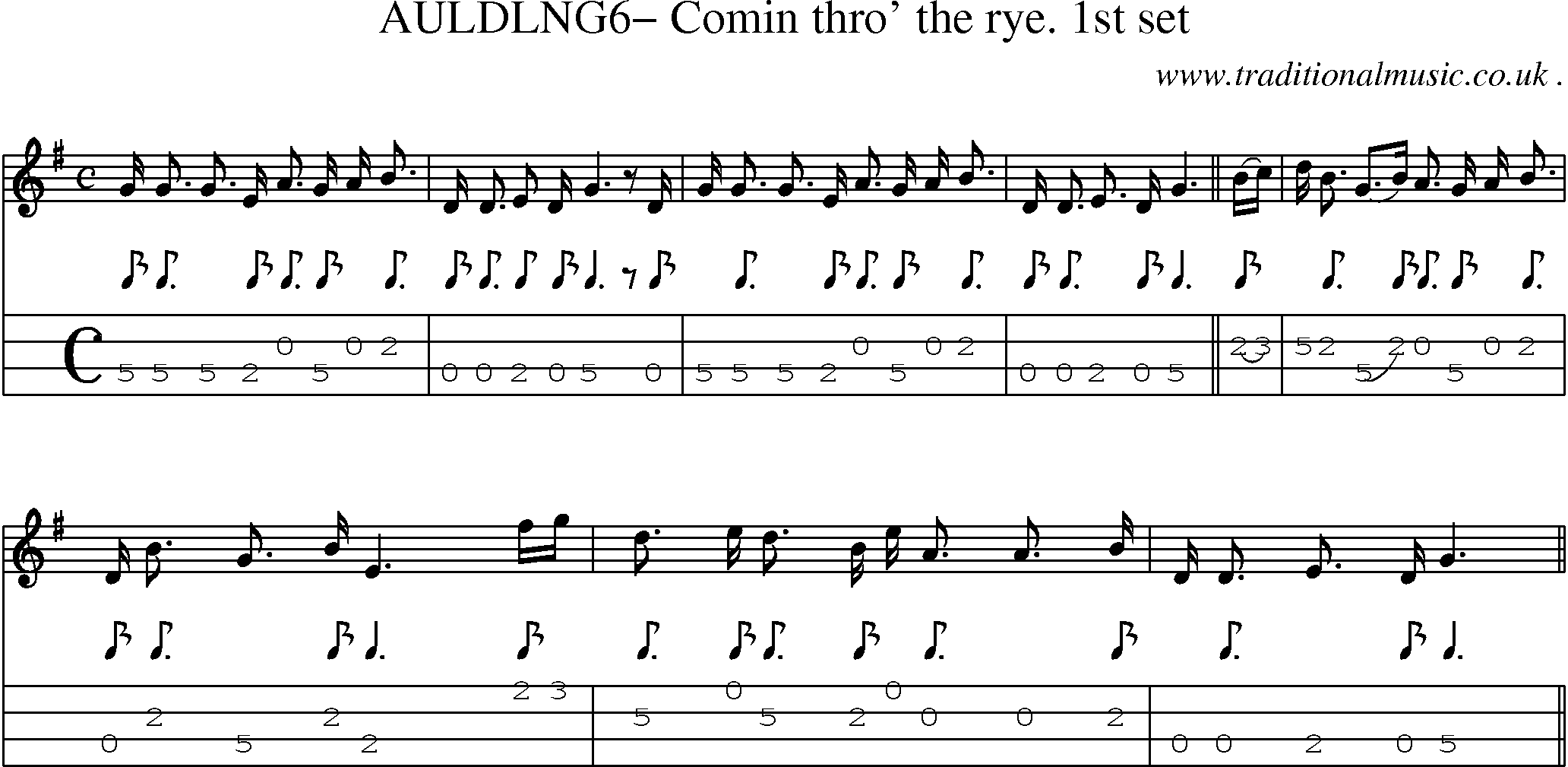Sheet-Music and Mandolin Tabs for Auldlng6 Comin Thro The Rye 1st Set