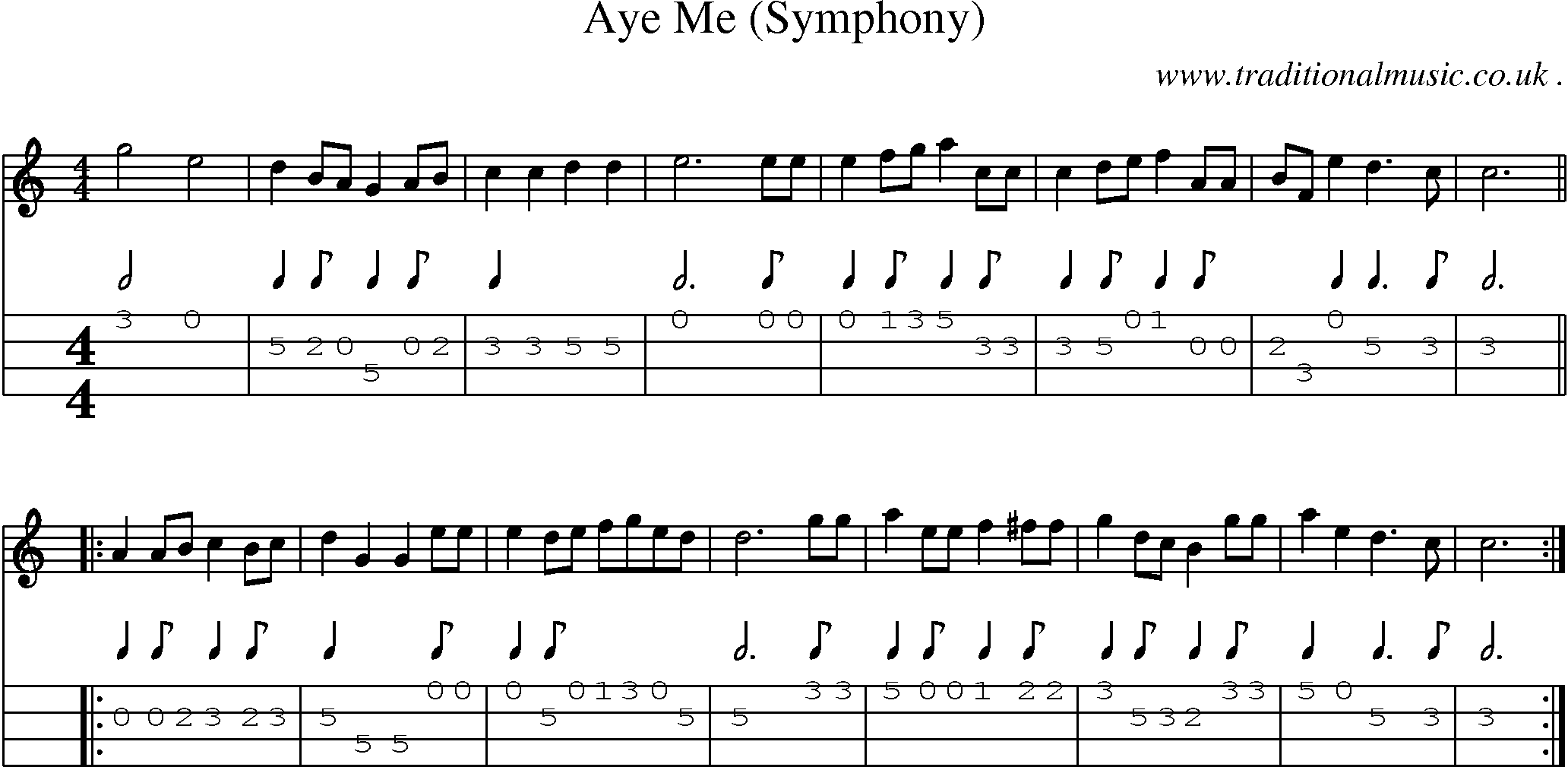 Sheet-Music and Mandolin Tabs for Aye Me (symphony)