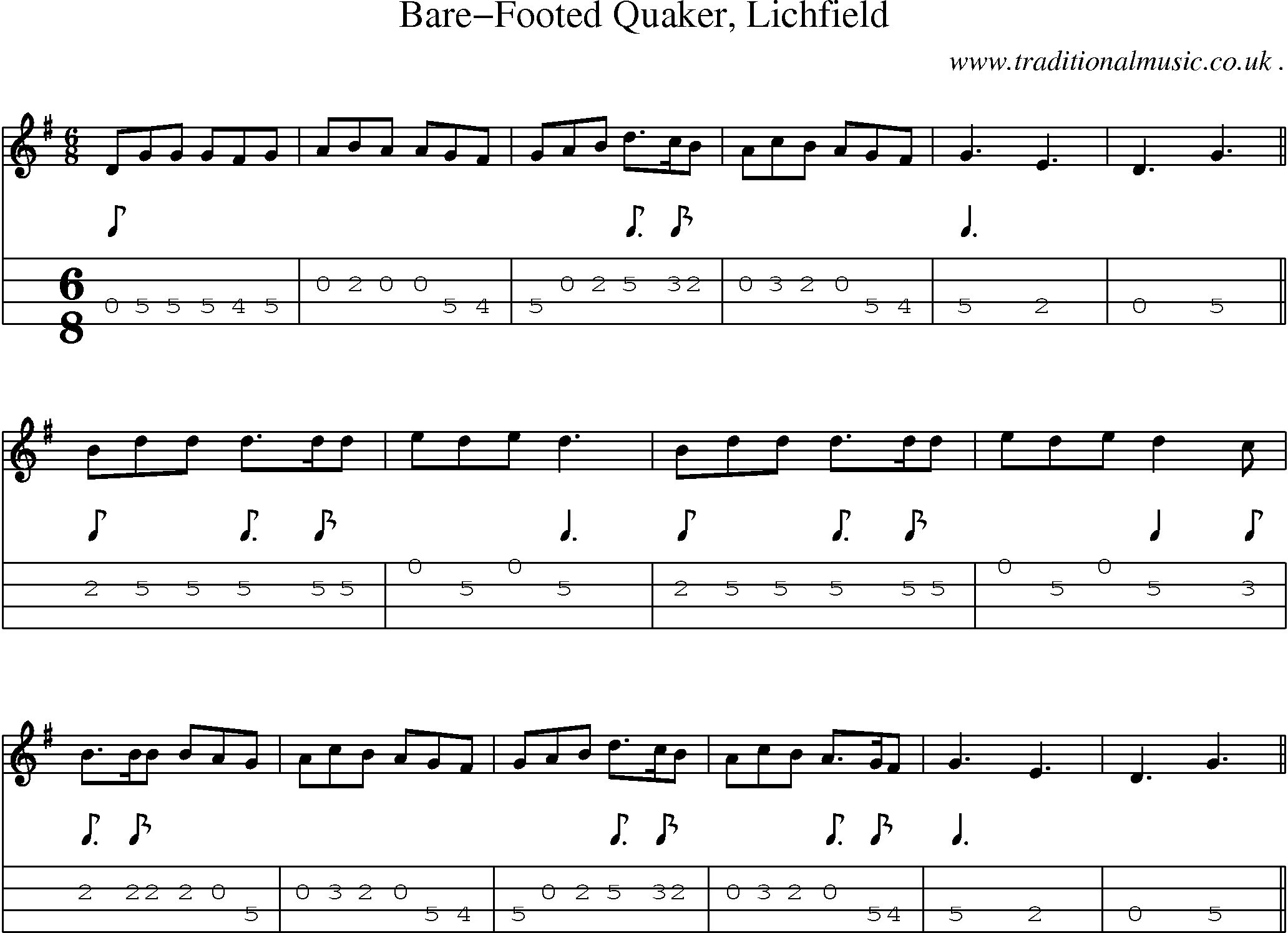 Sheet-Music and Mandolin Tabs for Bare-footed Quaker Lichfield