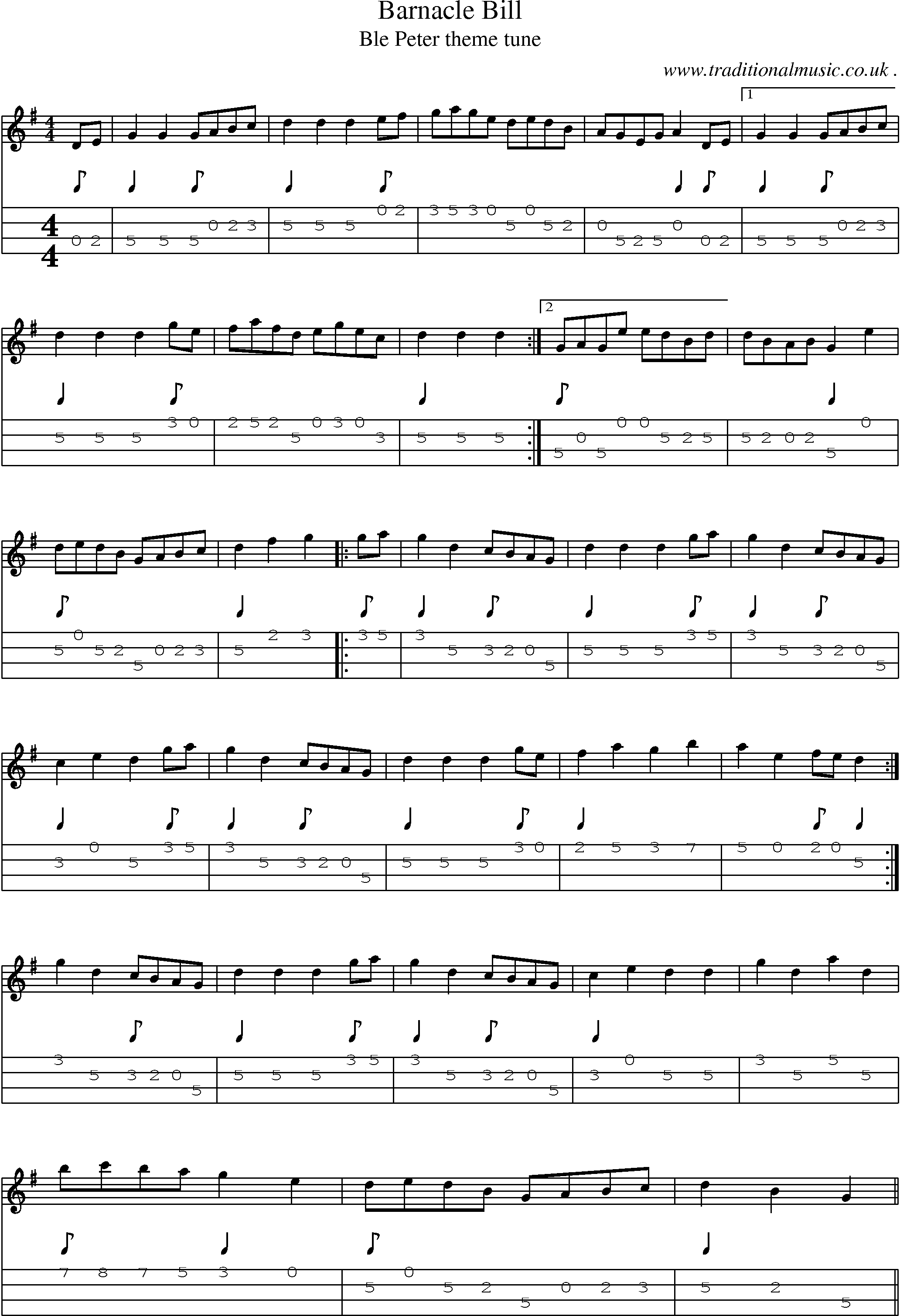Sheet-Music and Mandolin Tabs for Barnacle Bill