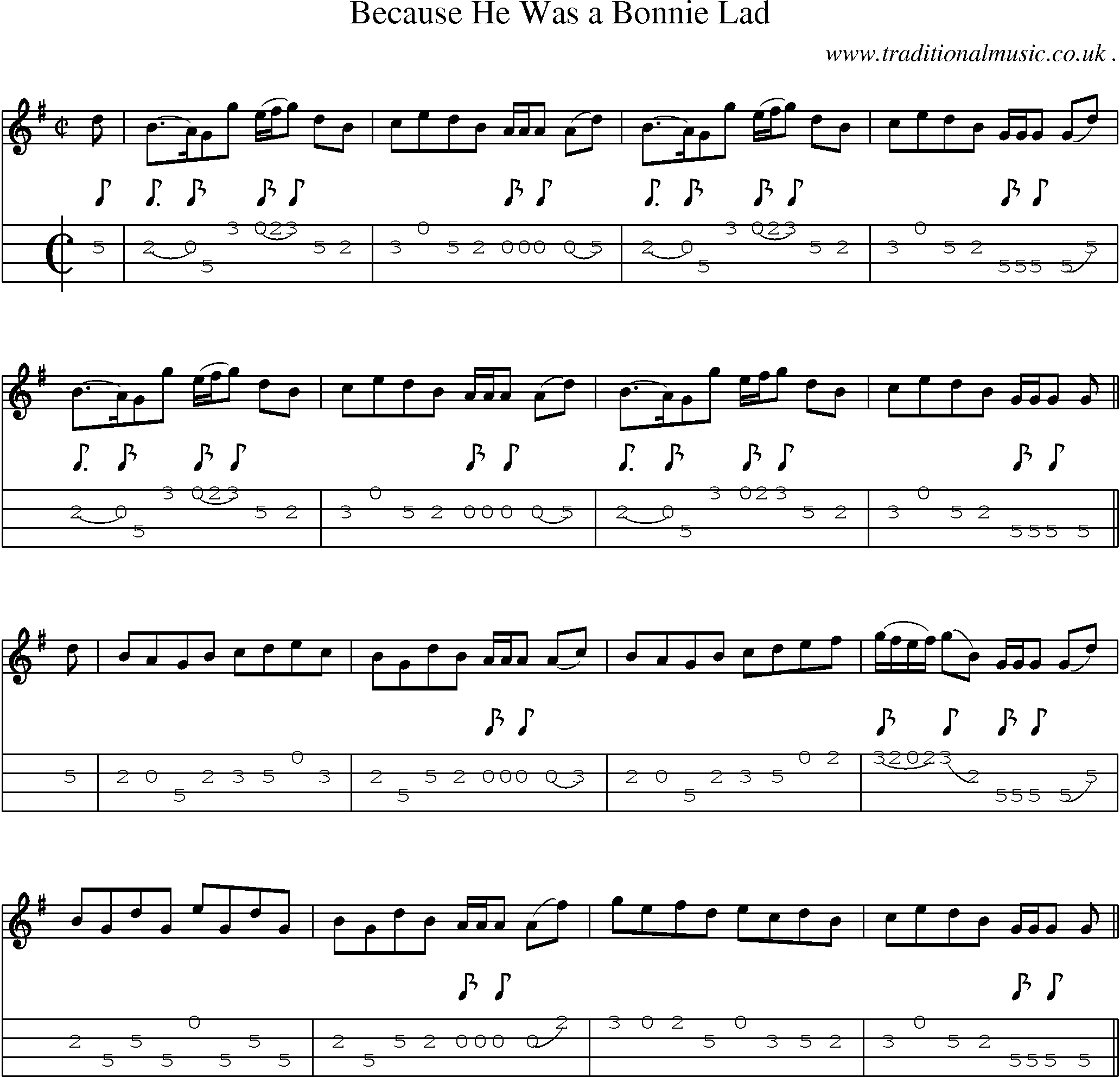 Sheet-Music and Mandolin Tabs for Because He Was A Bonnie Lad