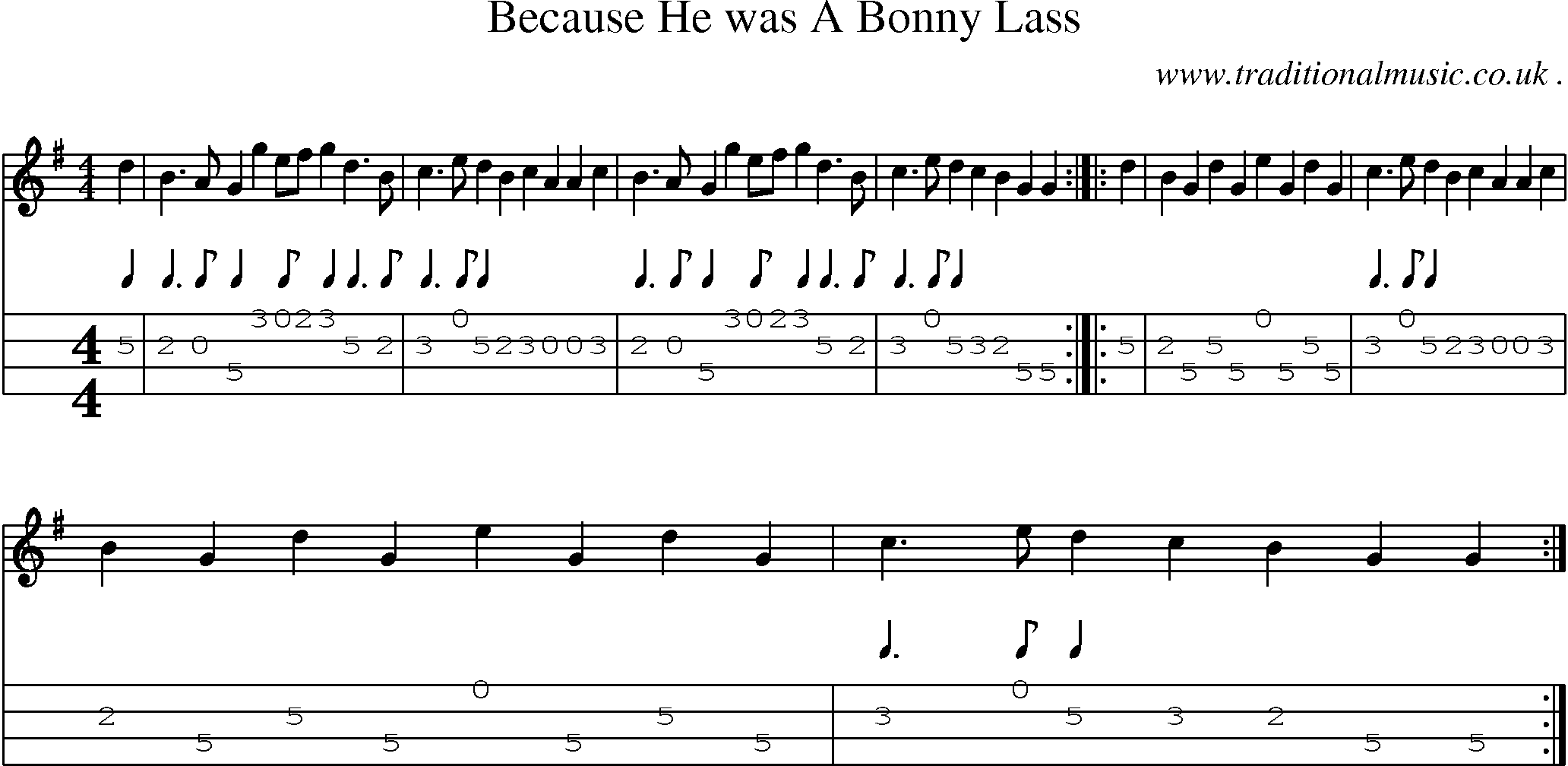 Sheet-Music and Mandolin Tabs for Because He Was A Bonny Lass