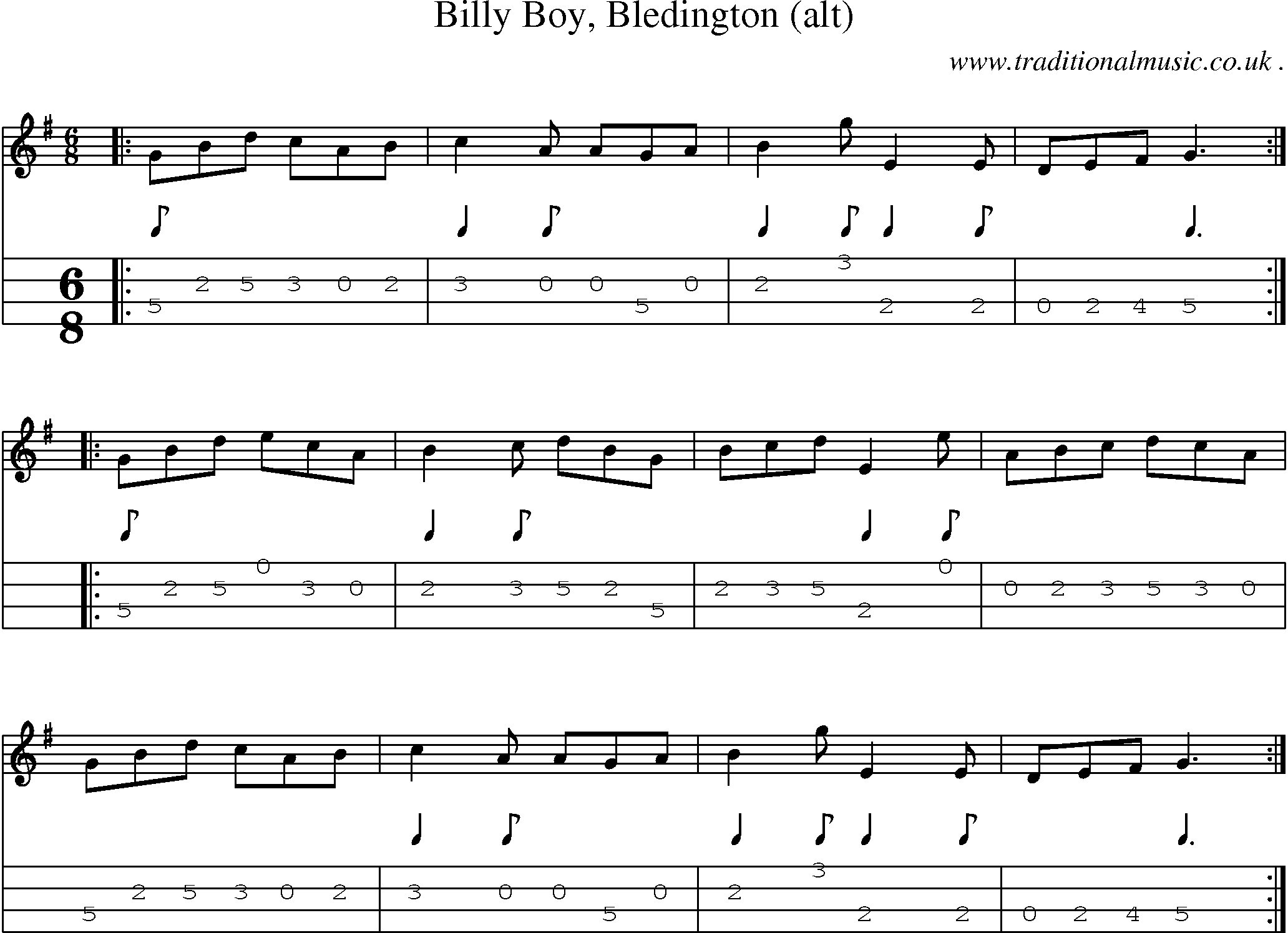 Sheet-Music and Mandolin Tabs for Billy Boy Bledington (alt)