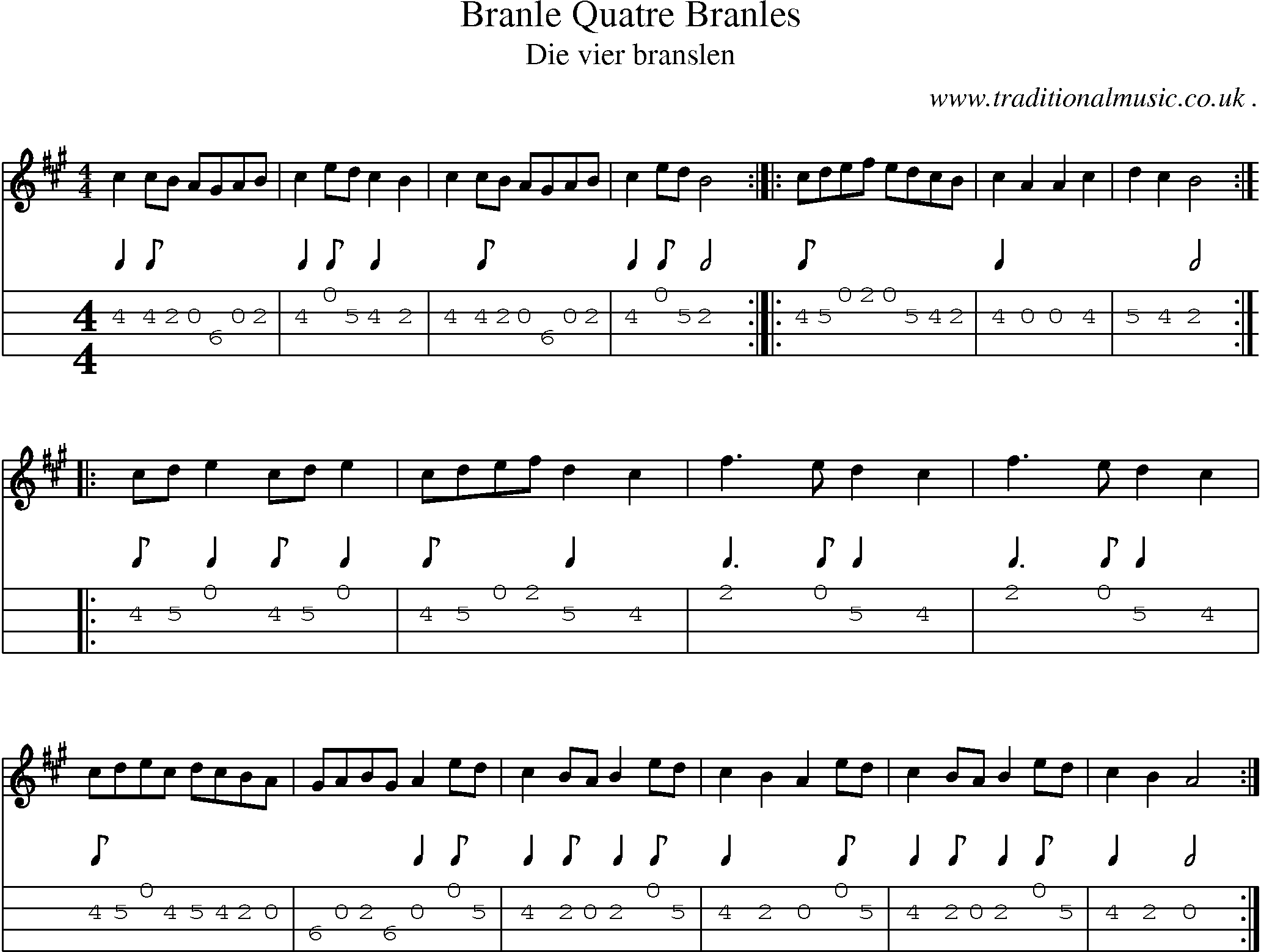 Sheet-Music and Mandolin Tabs for Branle Quatre Branles