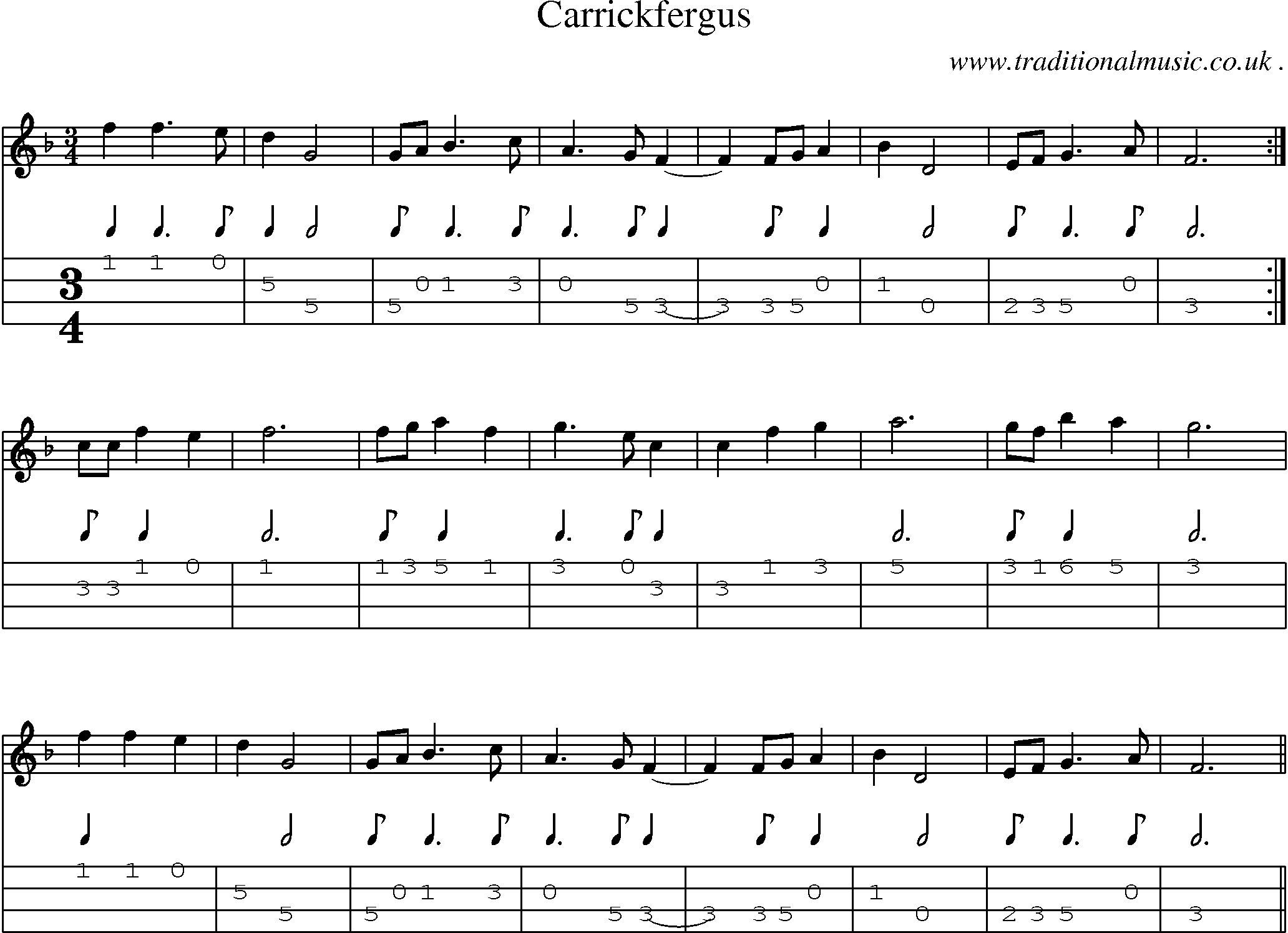 Sheet-Music and Mandolin Tabs for Carrickfergus