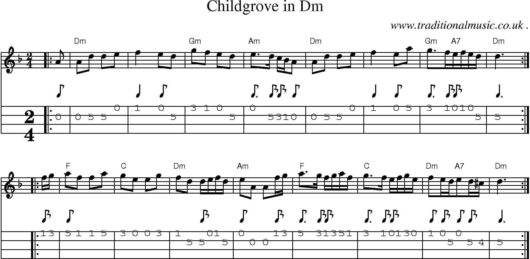 Sheet-Music and Mandolin Tabs for Childgrove In Dm
