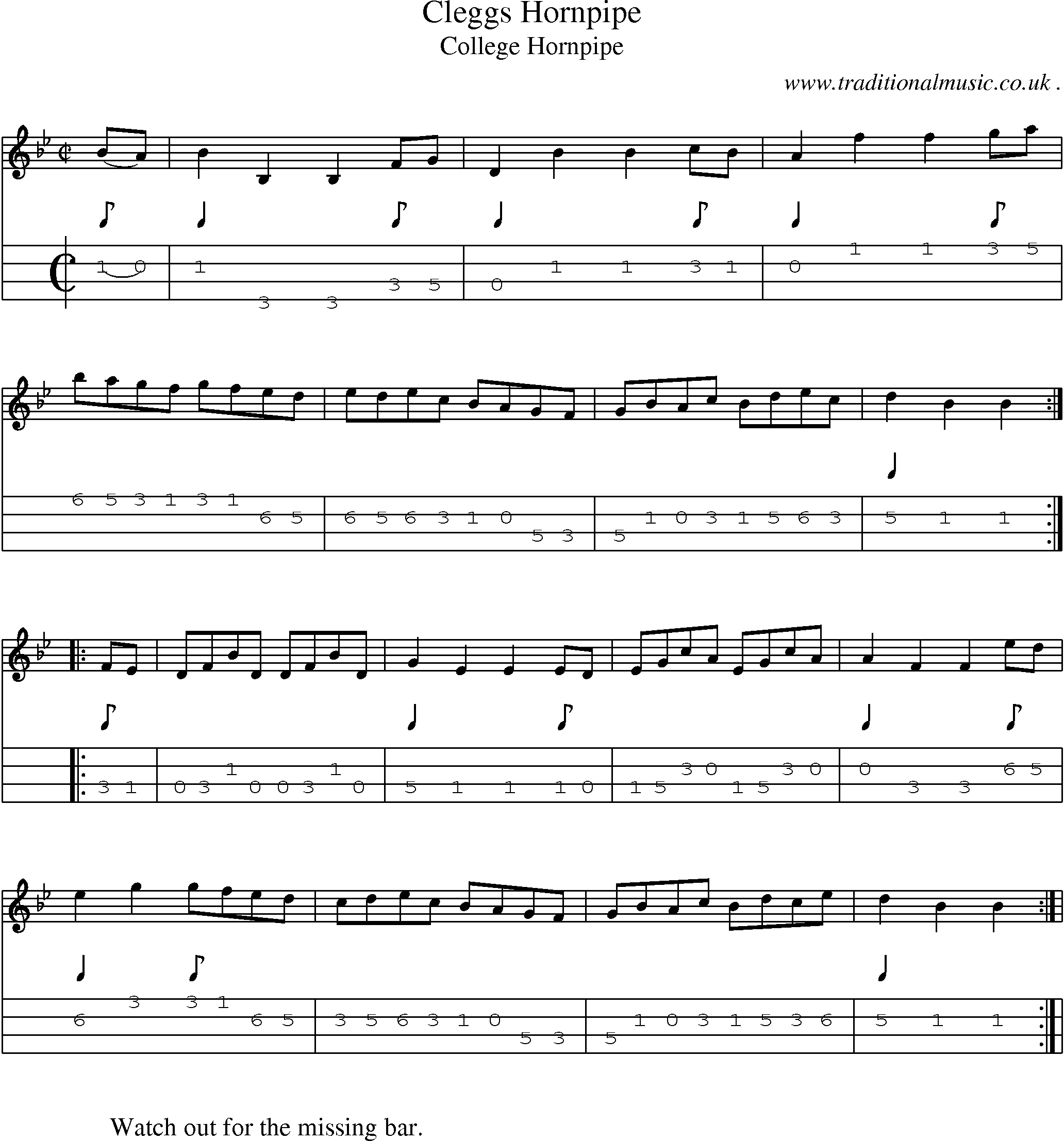 Sheet-Music and Mandolin Tabs for Cleggs Hornpipe