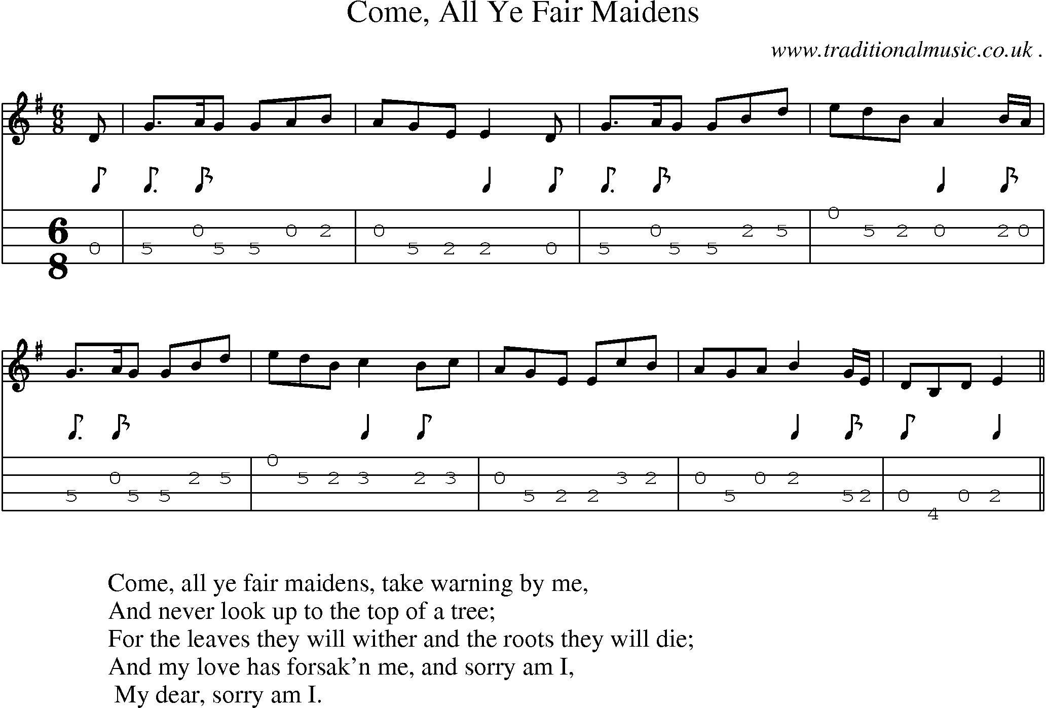 Sheet-Music and Mandolin Tabs for Come All Ye Fair Maidens