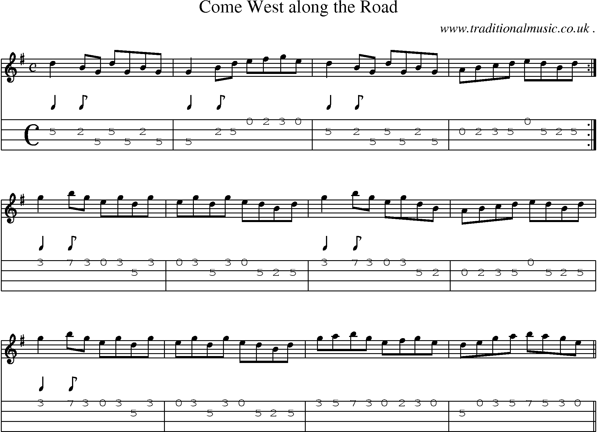 Sheet-Music and Mandolin Tabs for Come West Along The Road