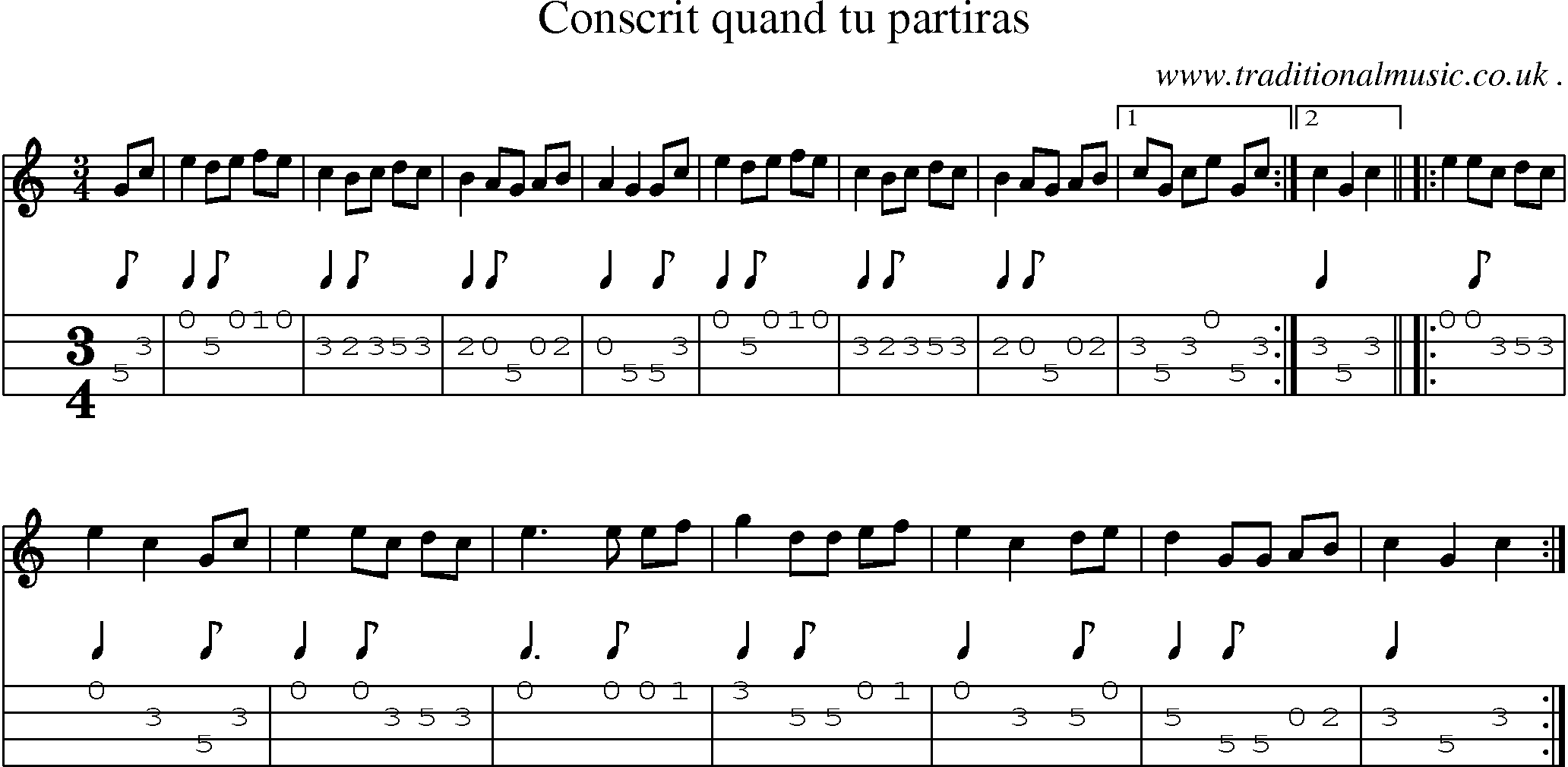 Sheet-Music and Mandolin Tabs for Conscrit Quand Tu Partiras