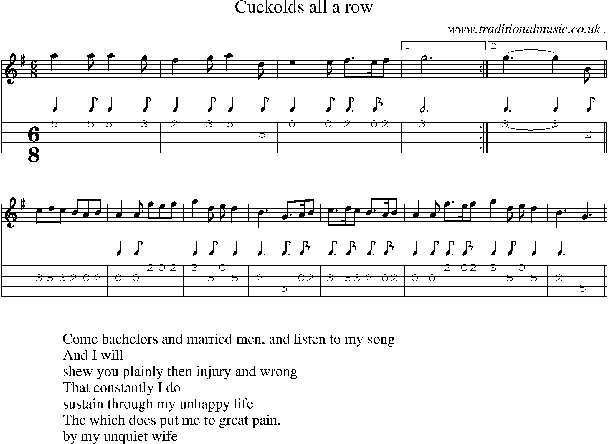 Sheet-Music and Mandolin Tabs for Cuckolds All A Row