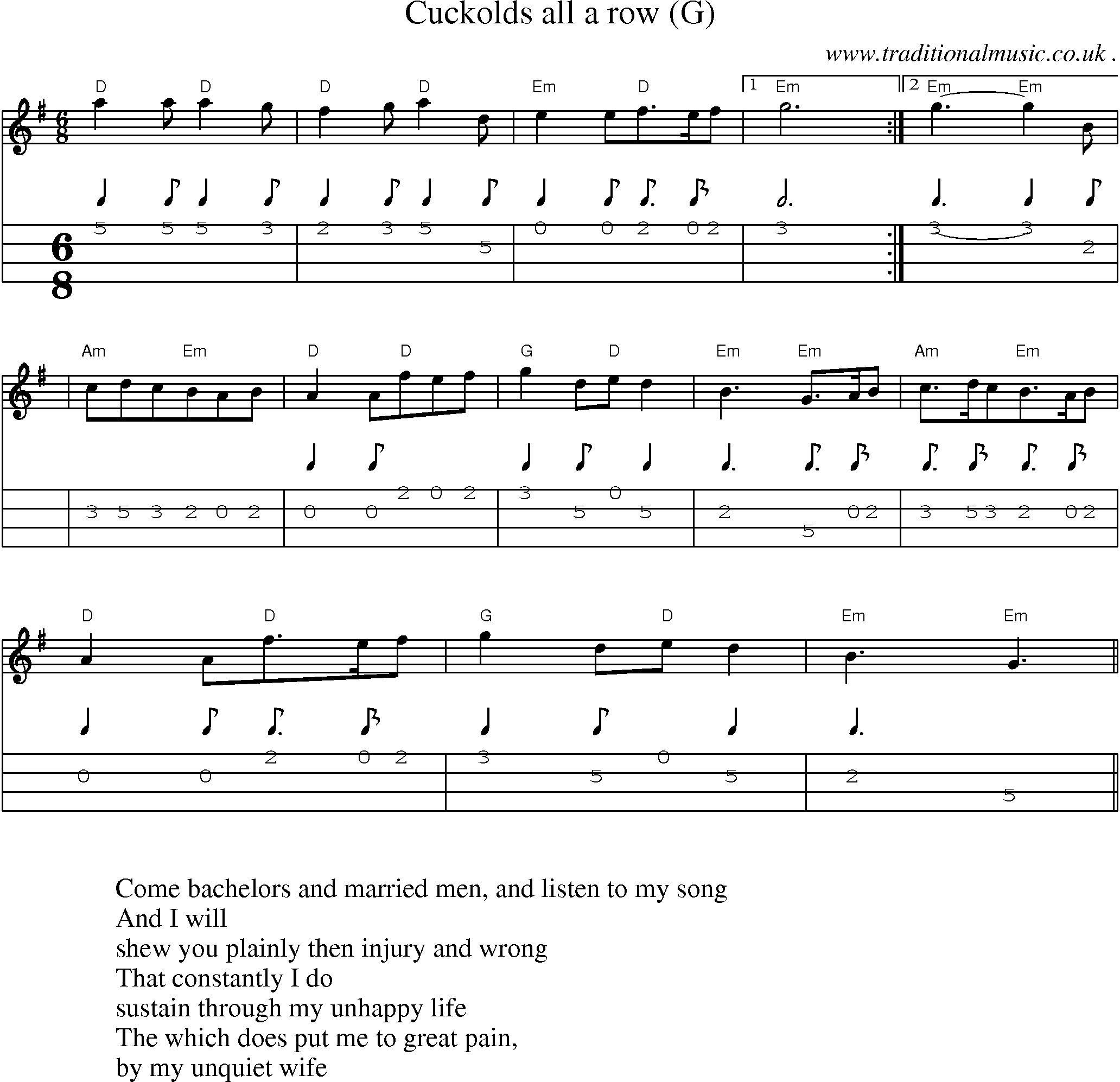Sheet-Music and Mandolin Tabs for Cuckolds All A Row (g)
