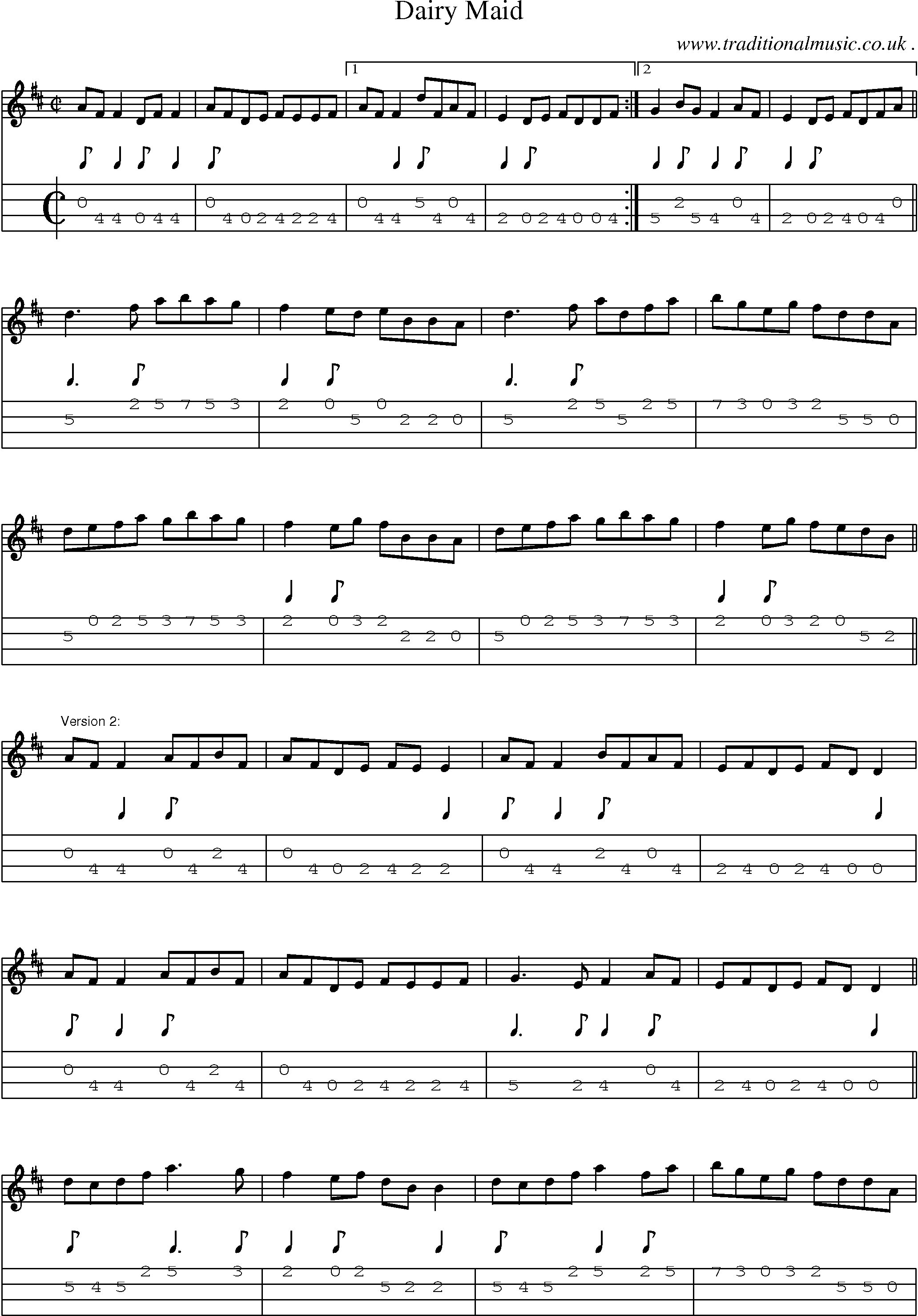 Sheet-Music and Mandolin Tabs for Dairy Maid