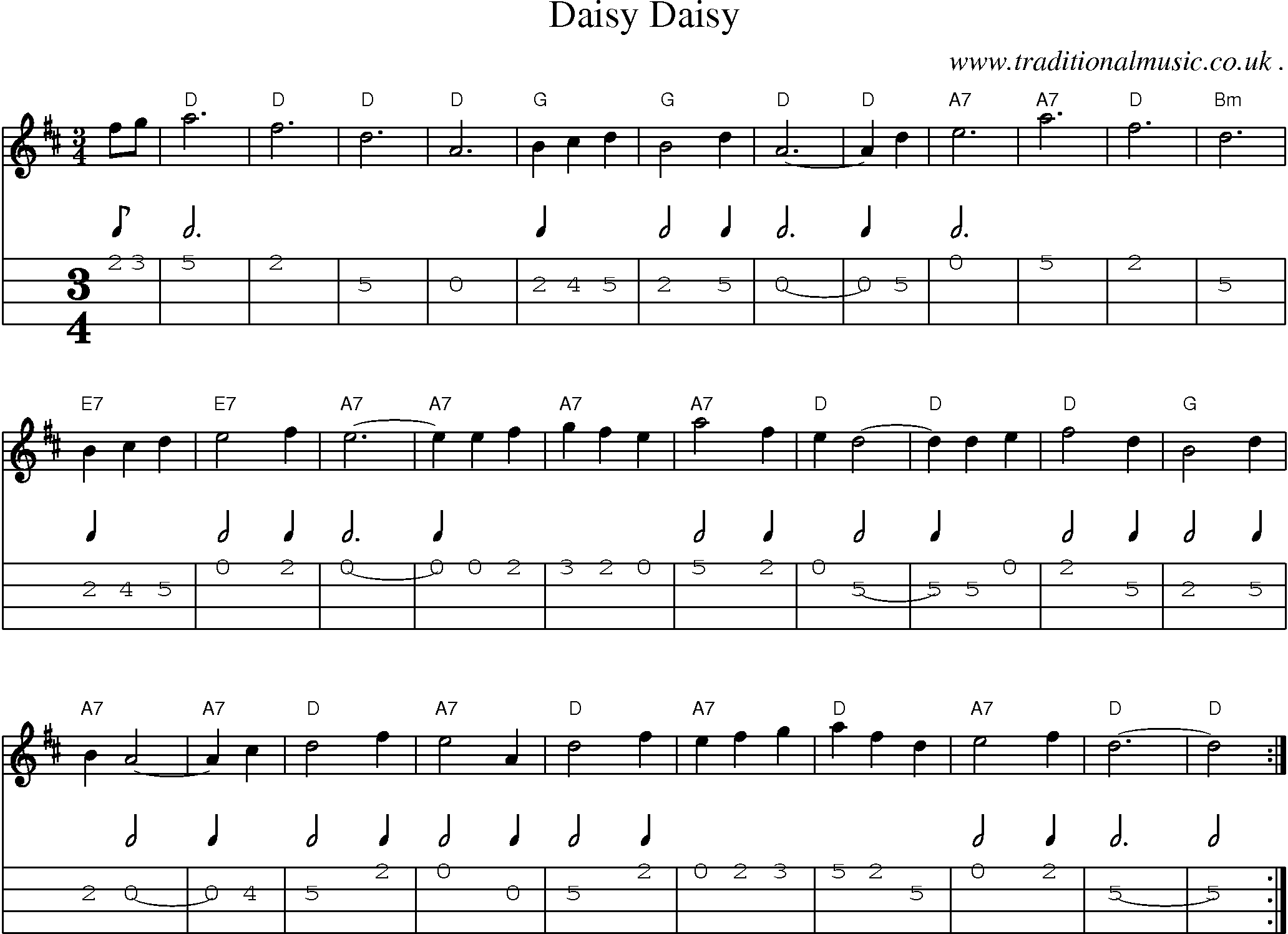 Sheet-Music and Mandolin Tabs for Daisy Daisy