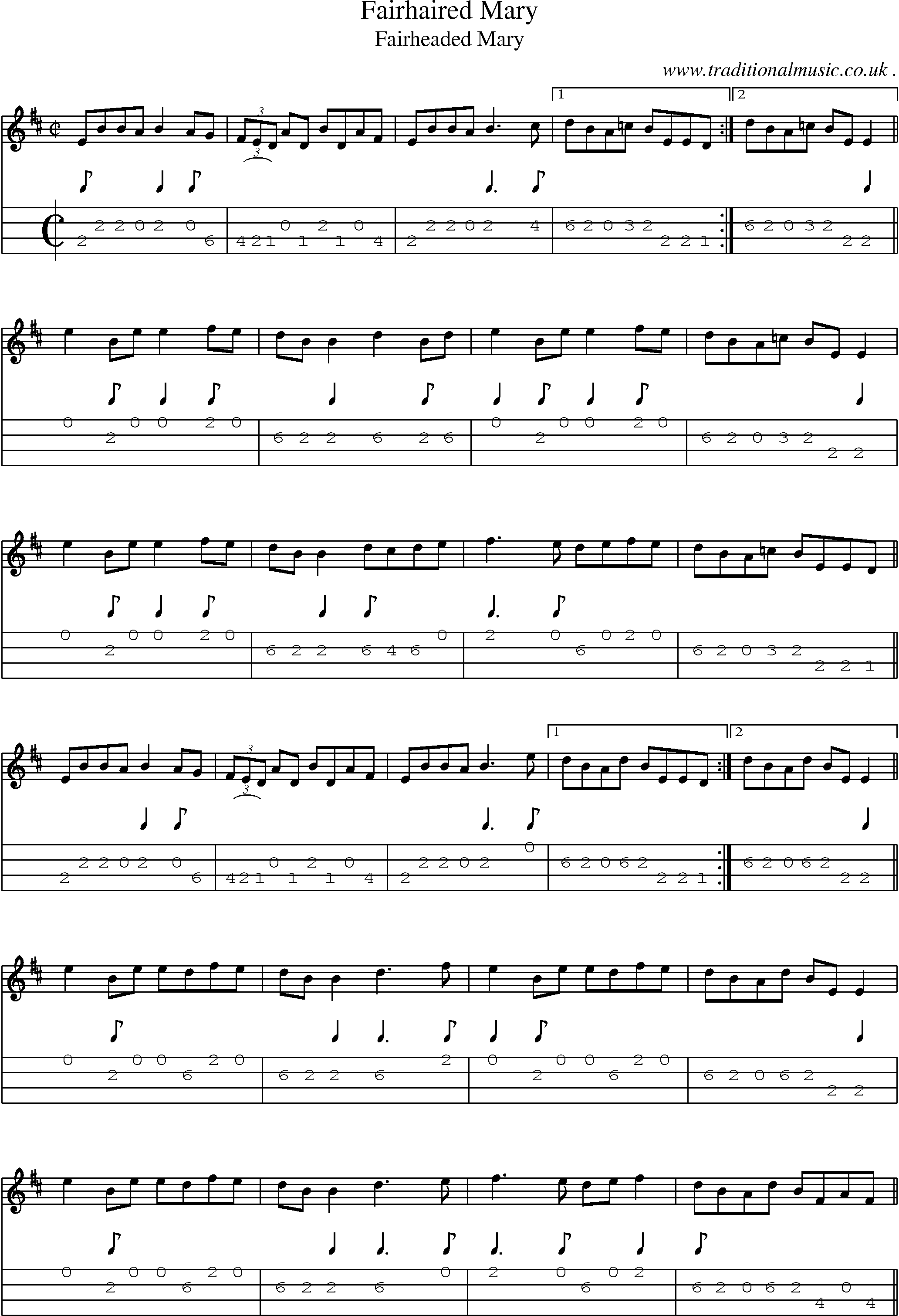 Sheet-Music and Mandolin Tabs for Fairhaired Mary