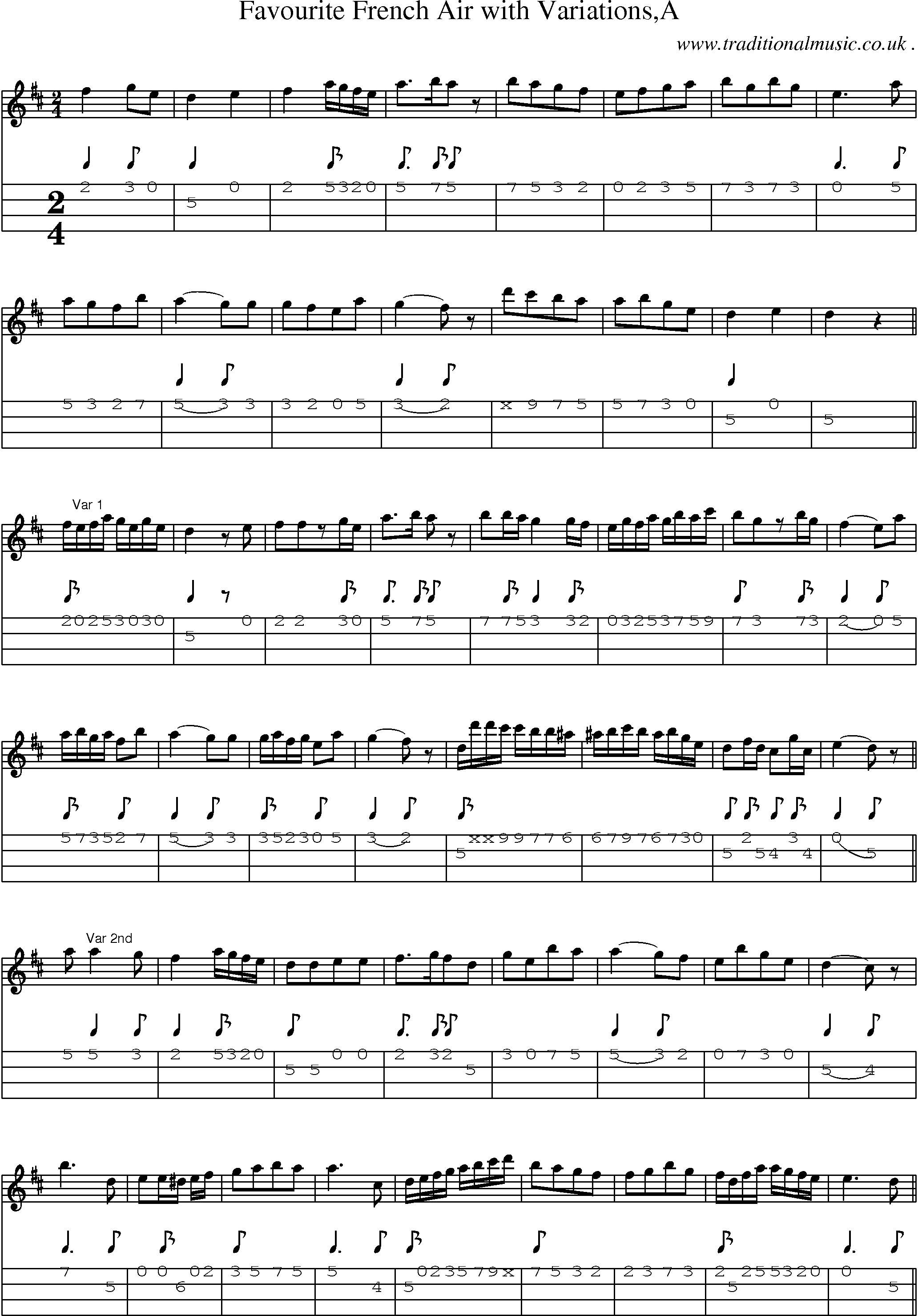 Sheet-Music and Mandolin Tabs for Favourite French Air With Variationsa