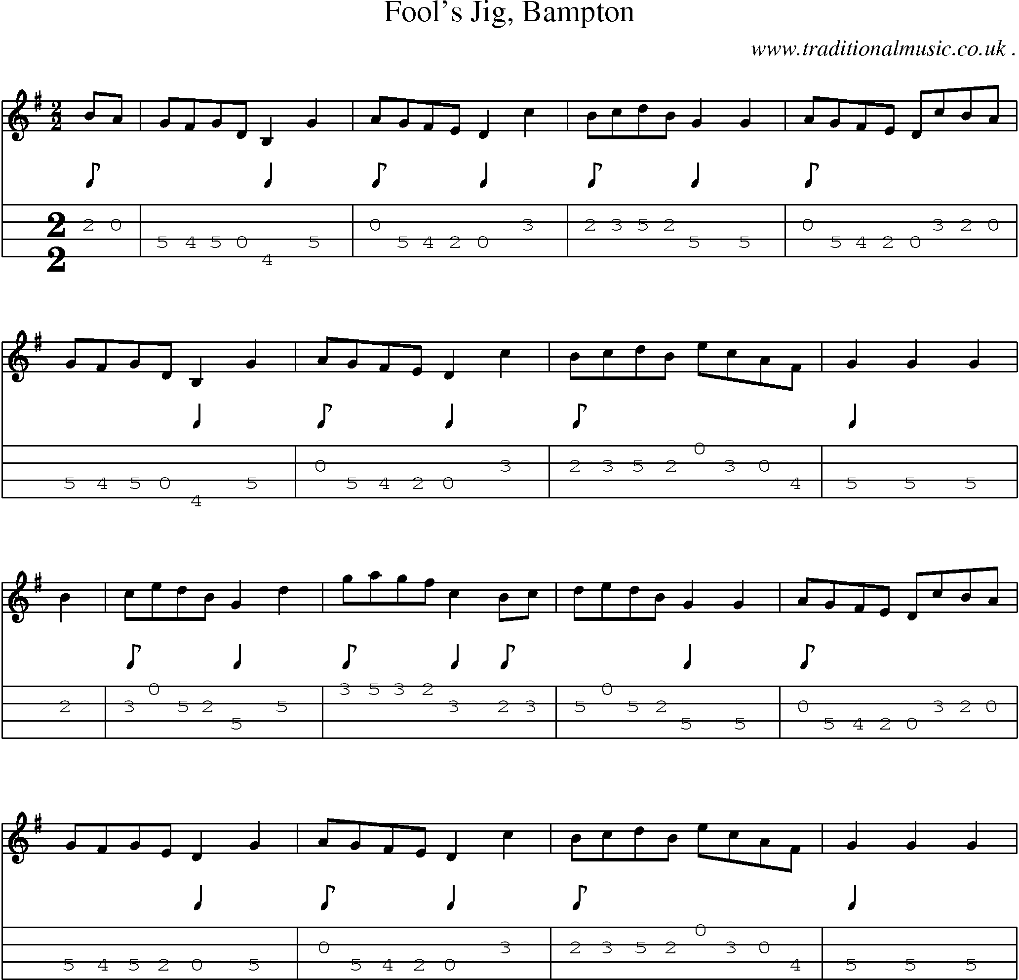 Sheet-Music and Mandolin Tabs for Fools Jig Bampton