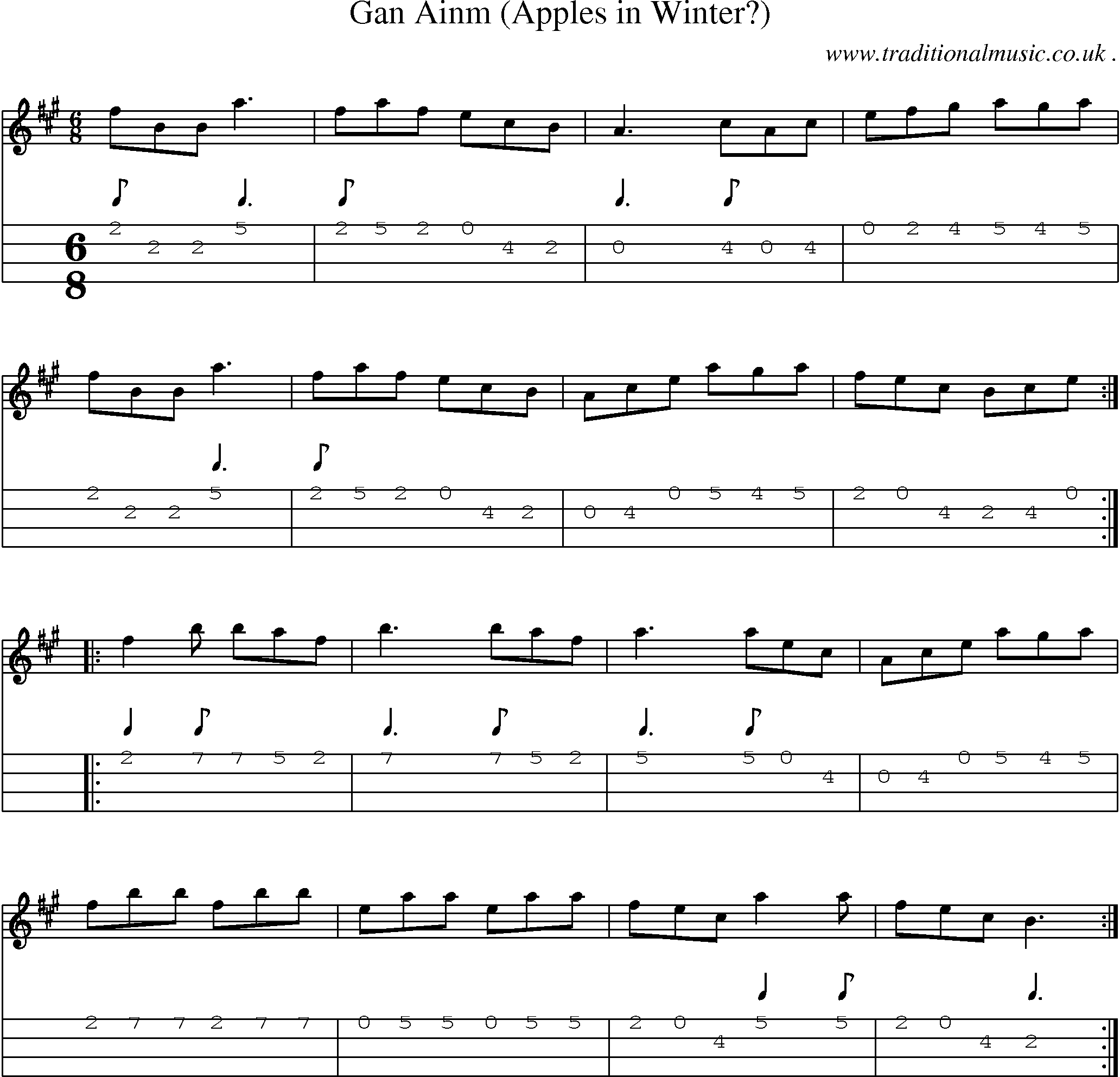 Sheet-Music and Mandolin Tabs for Gan Ainm (apples In Winter)
