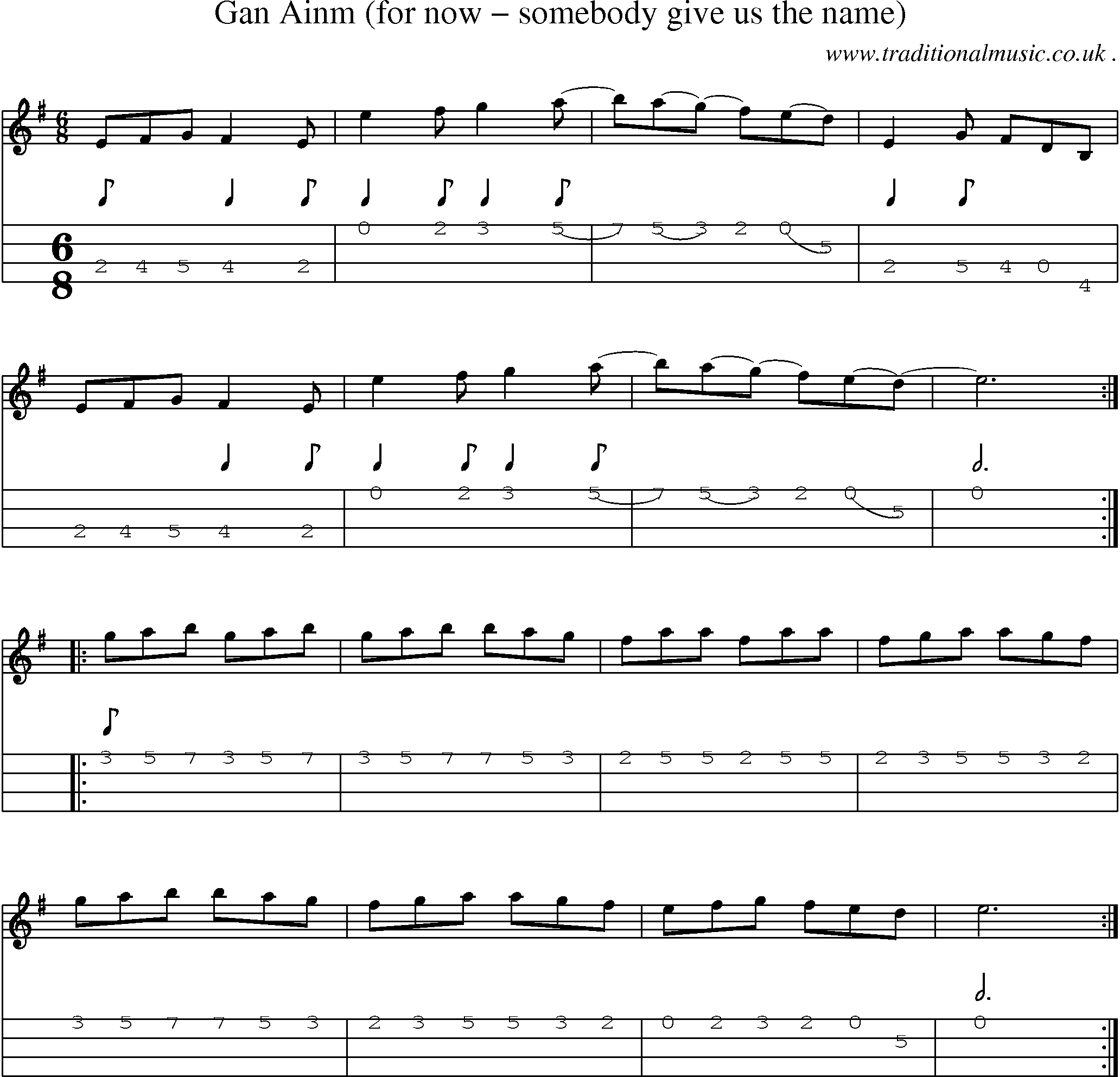 Sheet-Music and Mandolin Tabs for Gan Ainm (for Now Somebody Give Us The Name)
