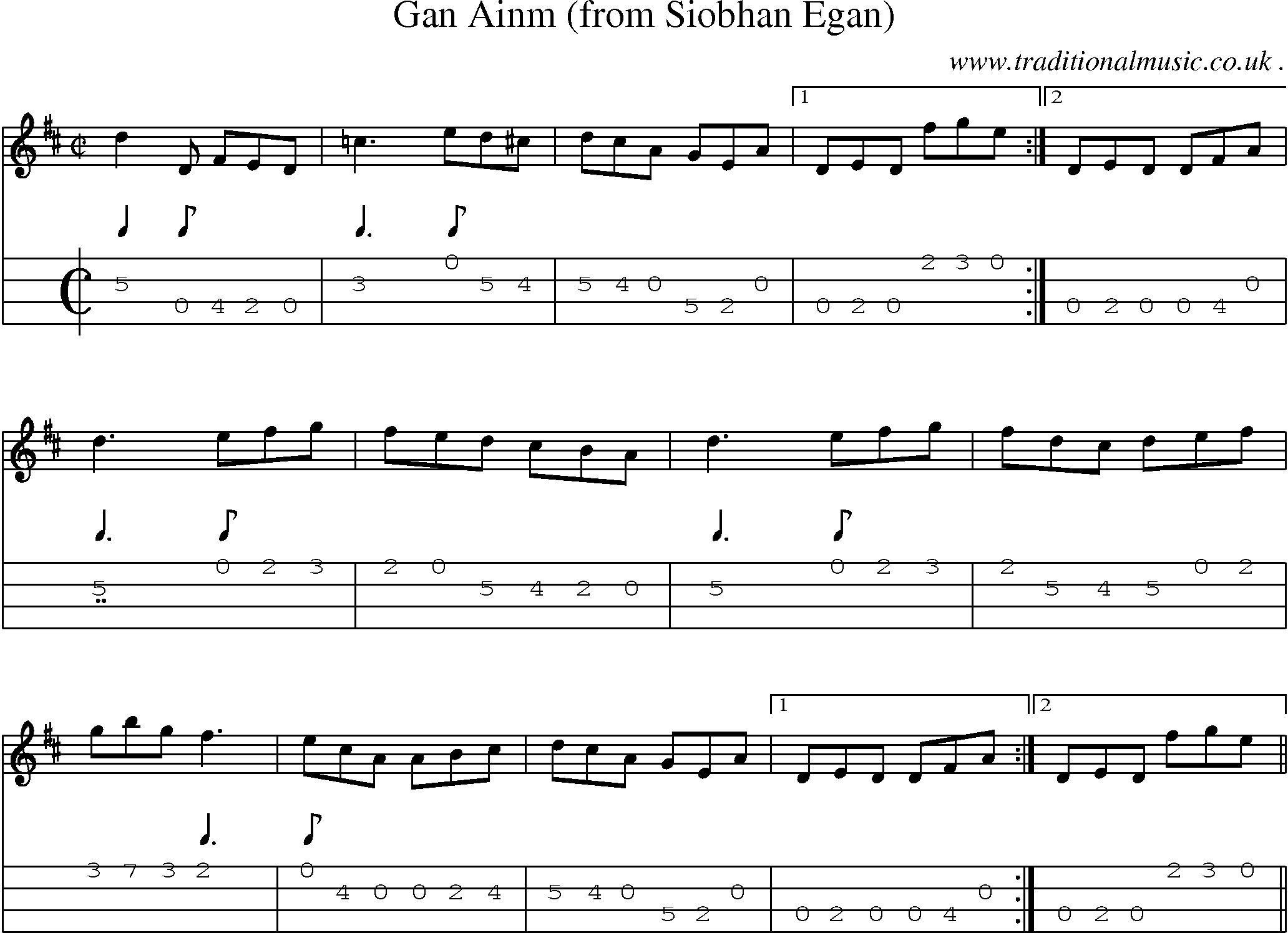 Sheet-Music and Mandolin Tabs for Gan Ainm (from Siobhan Egan)