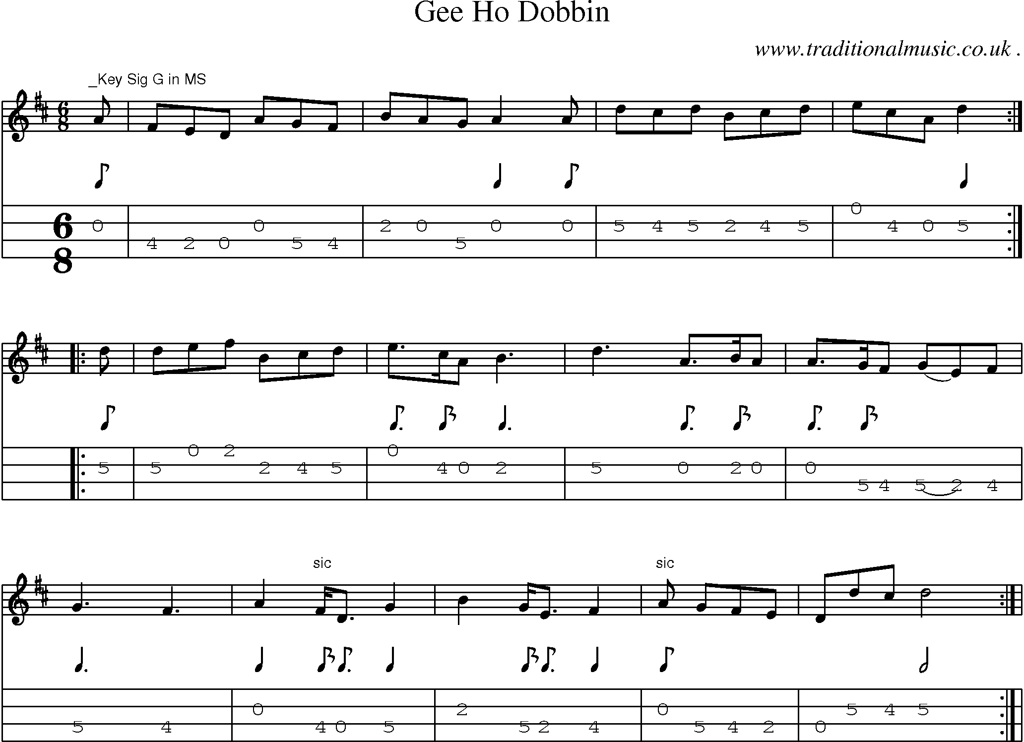 Sheet-Music and Mandolin Tabs for Gee Ho Dobbin