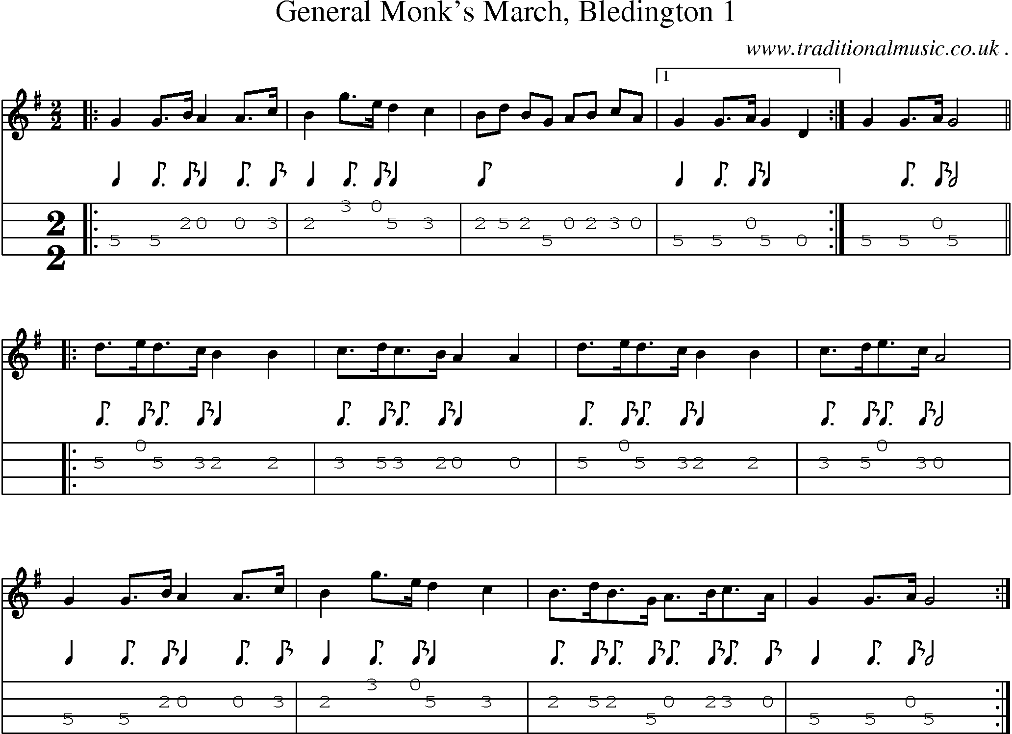 Sheet-Music and Mandolin Tabs for General Monks March Bledington 1