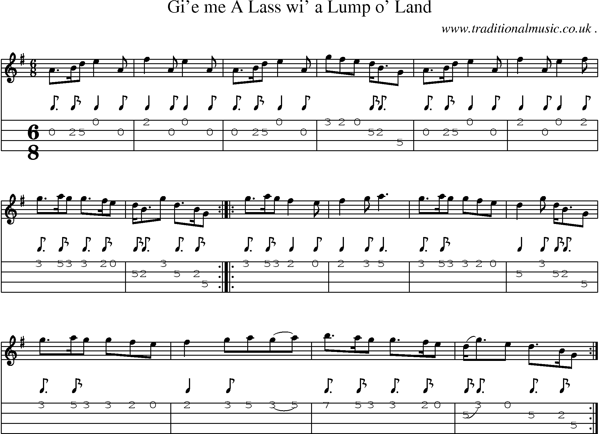 Sheet-Music and Mandolin Tabs for Gie Me A Lass Wi A Lump O Land