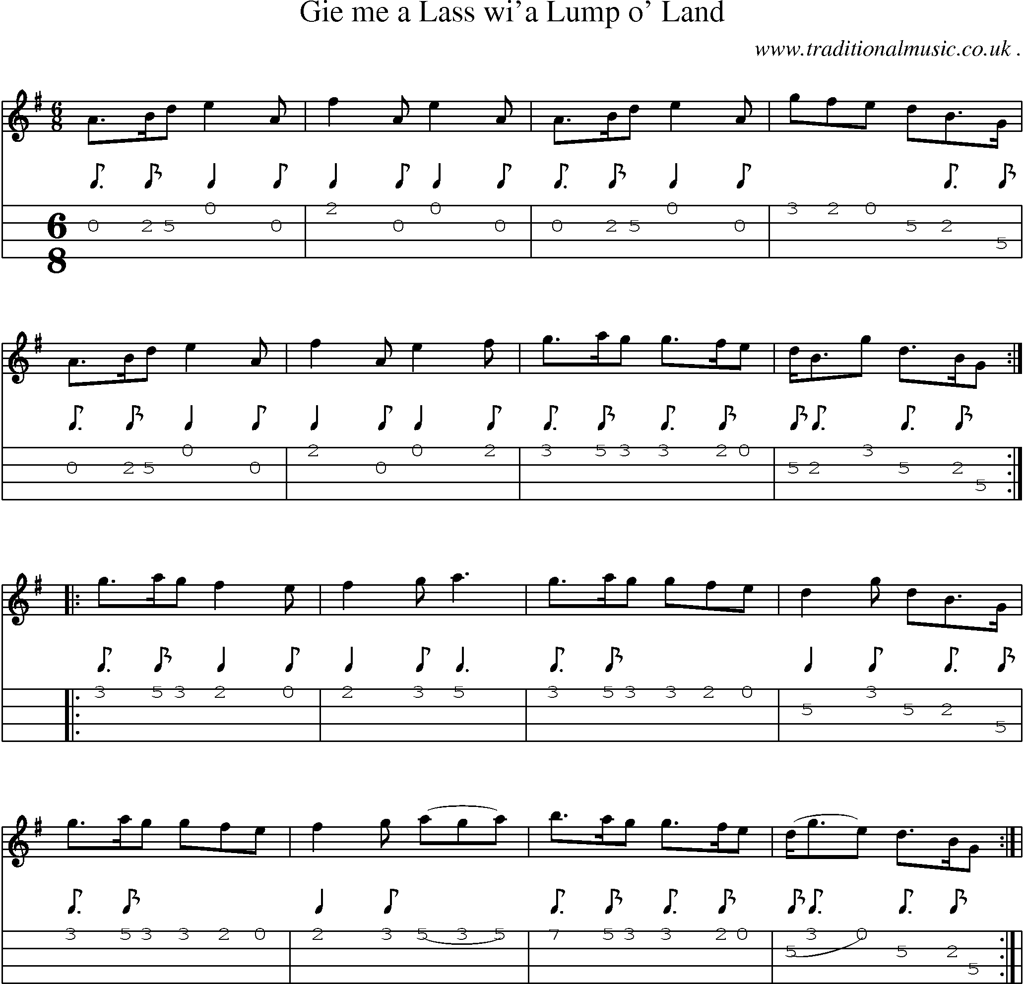 Sheet-Music and Mandolin Tabs for Gie Me A Lass Wia Lump O Land
