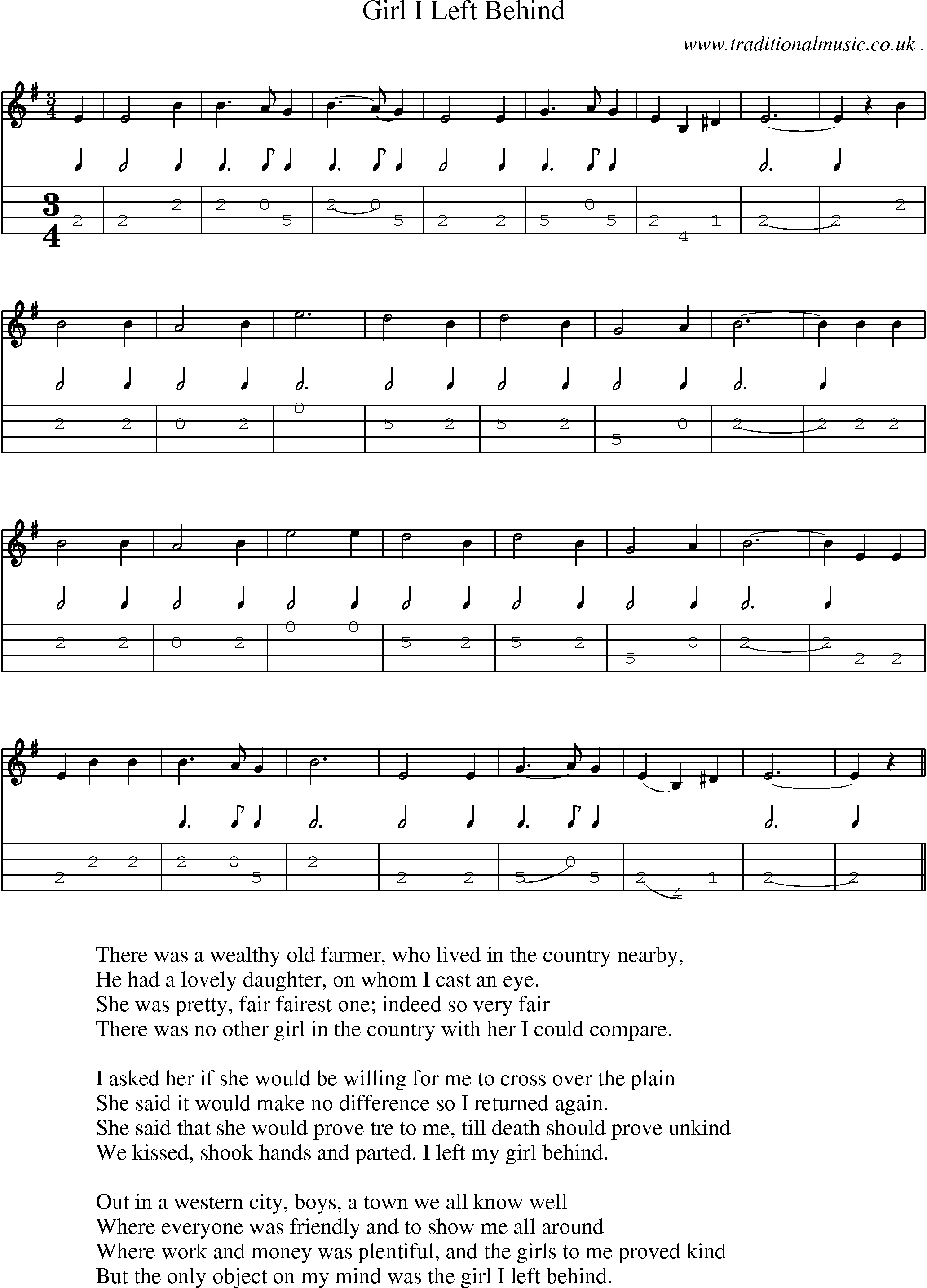 Sheet-Music and Mandolin Tabs for Girl I Left Behind