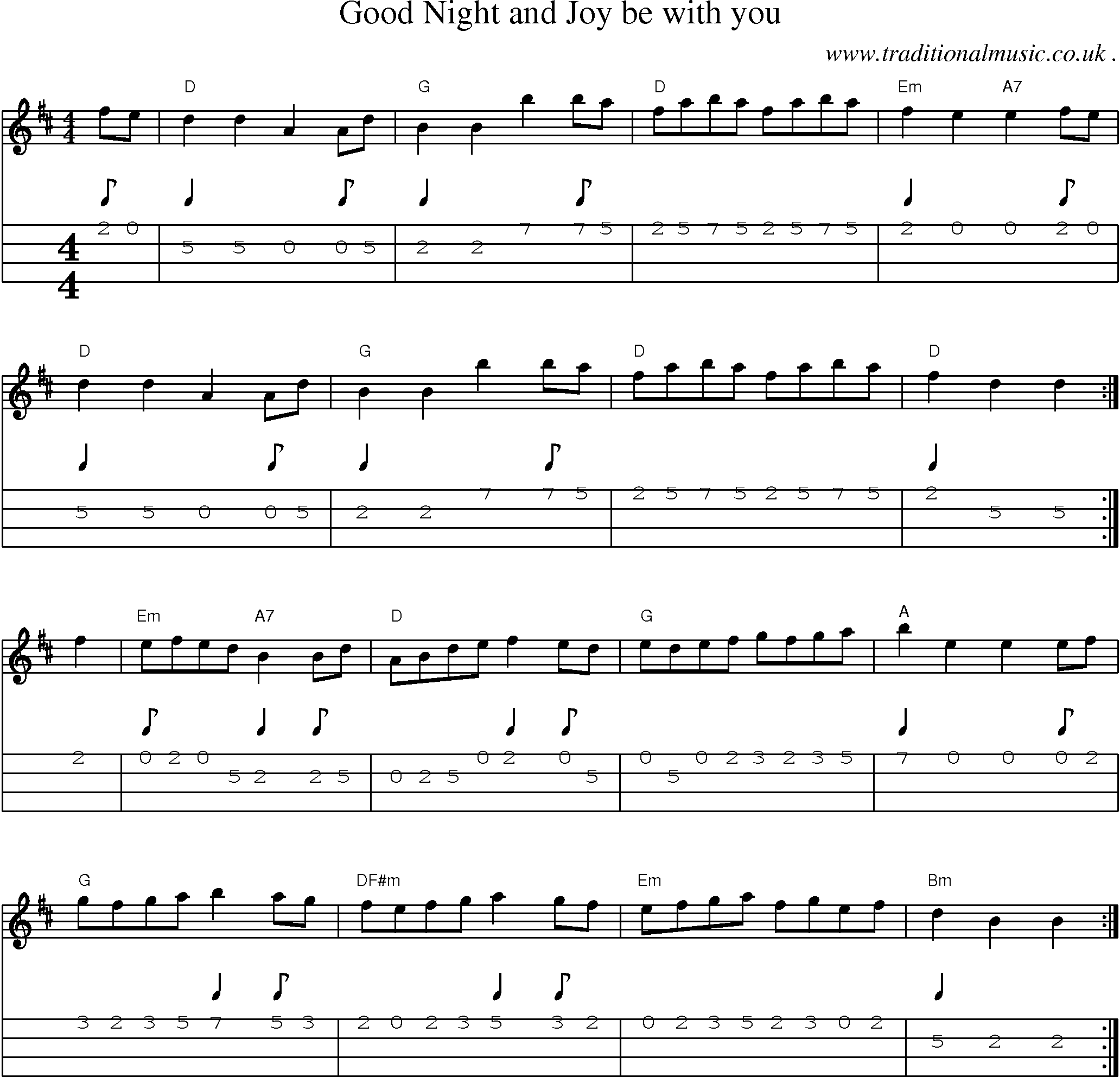 Sheet-Music and Mandolin Tabs for Good Night And Joy Be With You